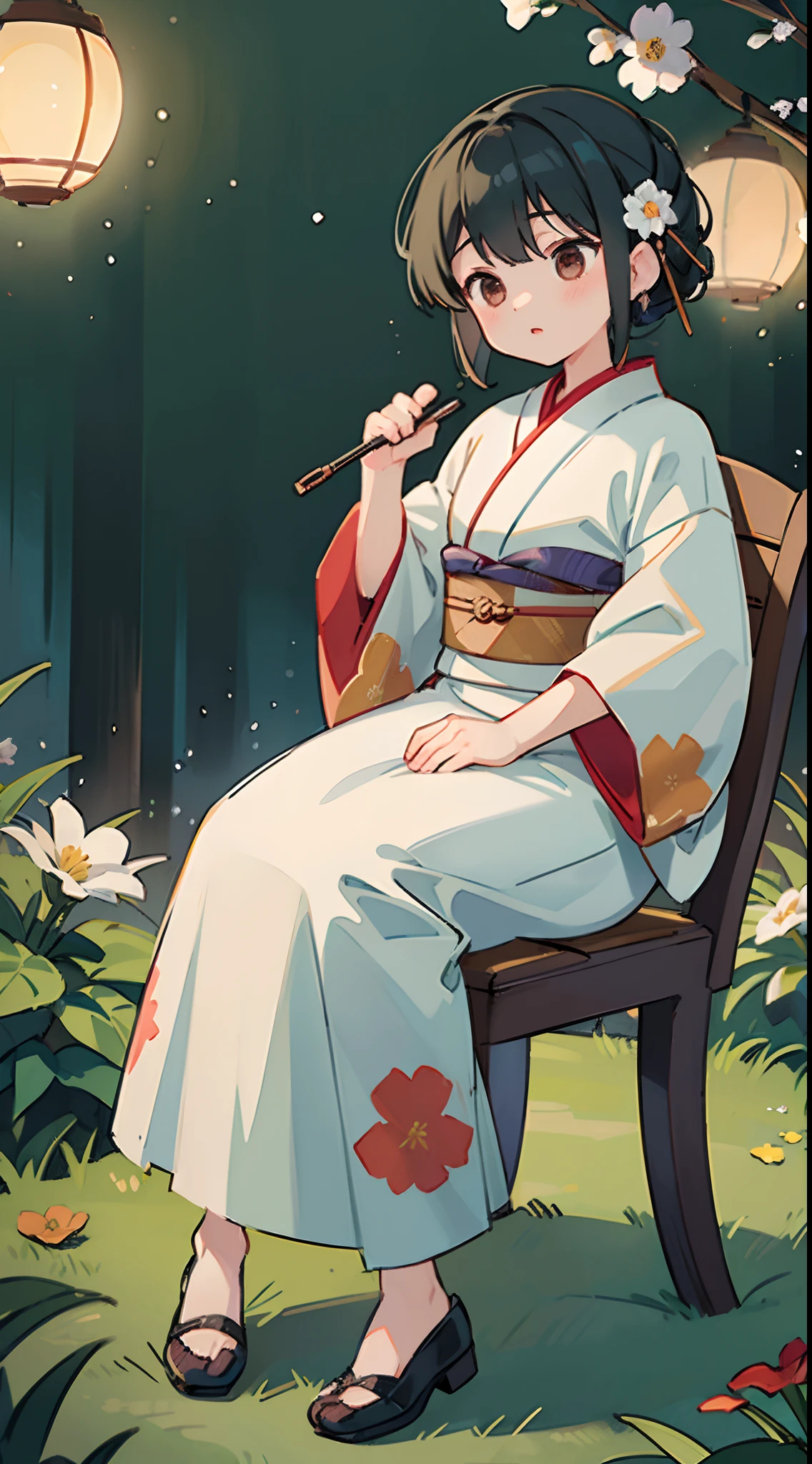 ((top-quality))、 ((masterpiece))、florals、Kimono、Stand in front of the photo 、Flowers in the foreground、Strong bokeh、Cute shoes、sit a chair、bio luminescent、radiant light