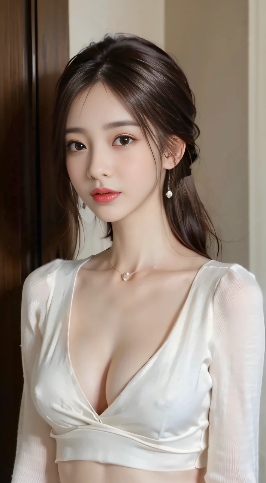 ((top-quality、8K、​masterpiece:1.3))、1girl in、Beautiful woman emphasizing slender abs:1.3、(Random Hair Styles:1.2)、cleavage of the breast、Black Silk Dress、Super Detailed Face、detailedeyes、二重まぶた、mideum breasts、large earring、