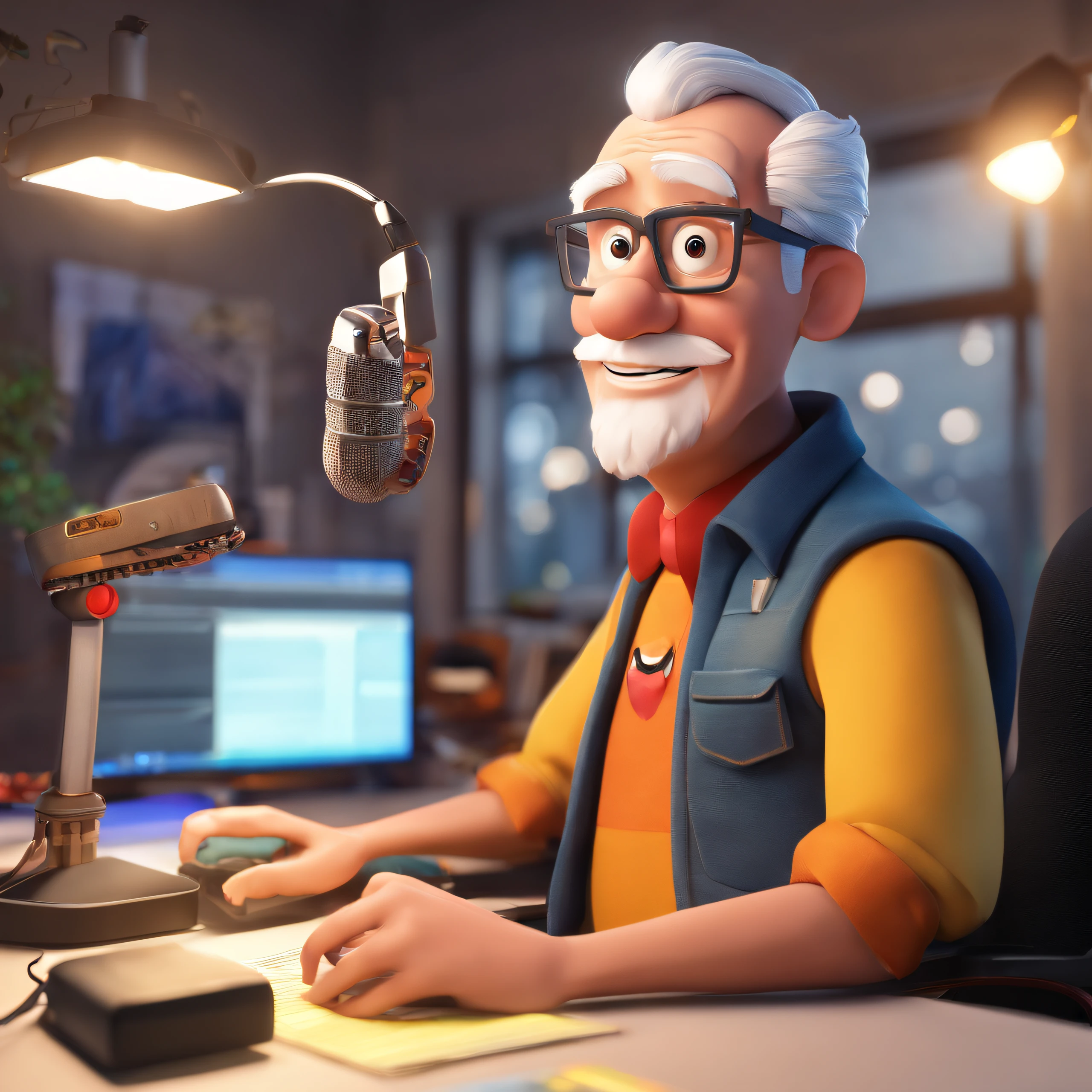 Create a poster inspired by Disney Pixar with the character being in a radio studio a 65-year-old man, short white hair, short white beard, black glasses in front of a microphone, smile next to him, a rooster