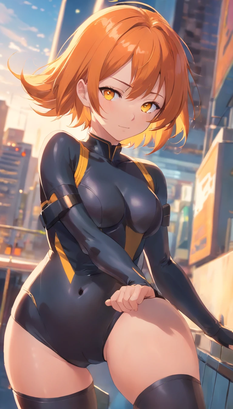 ​masterpiece、top-quality、1 female、Orange hair、huge tit、Big ass、black rubber suit、yellow  eyes、thick thighs、a short bob、wide hips、Thigh muscles、(Spark:0.7)