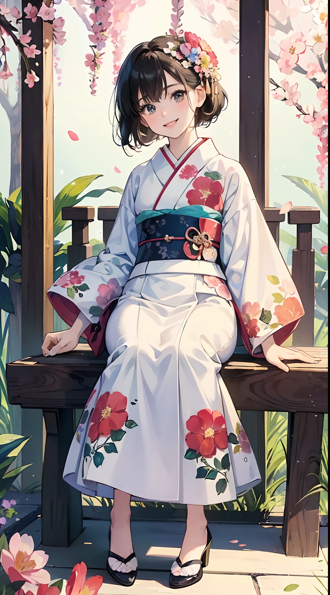 ((top-quality))、 ((masterpiece))、Matchmaking Photos、florals、Kimono、Stand in front of the photo 、Eye Up、A smile、Flowers in the foreground、Strong bokeh、Cute shoes、sit a chair、bio luminescent、radiant light