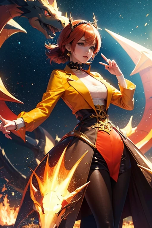 anime style; 3d; glitter; pokemon charizard is human; fancy and luxurious outfit based in Charizard of pokemon; details based in Charizard