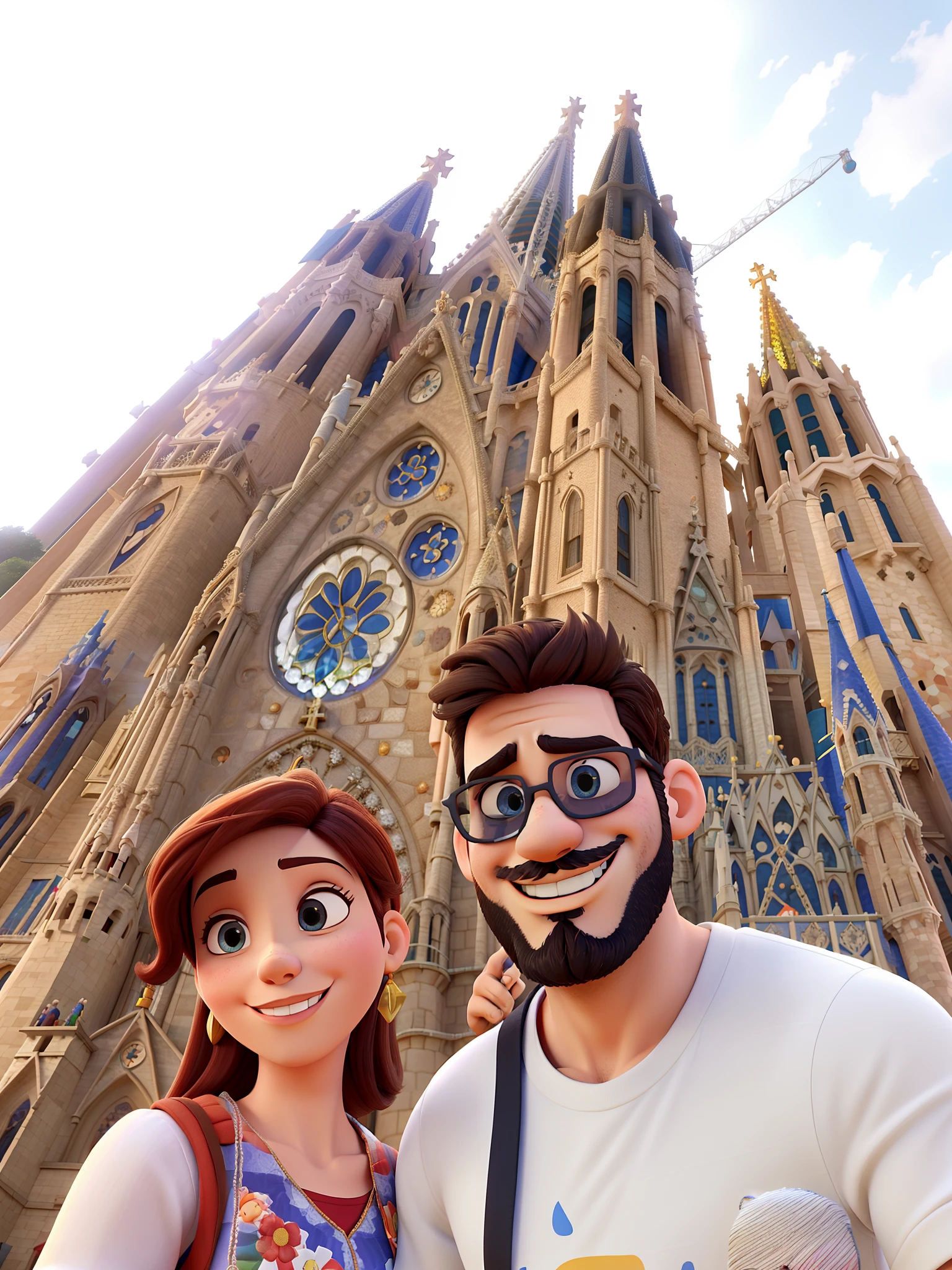 casal homem com barba e mulher em frente a sagrada familia em barcelona no estilo Disney Pixar, alta qualidade, melhor qualidade