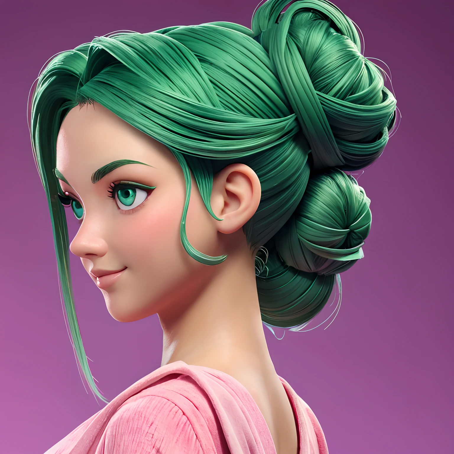 uma mulher, Your hair is stuck in a double bun, tom vermelho , roupas leves, olhos verde, corpo inteiro, The background is filled with a pastel shade, evoking a sense of lightness and happiness.
