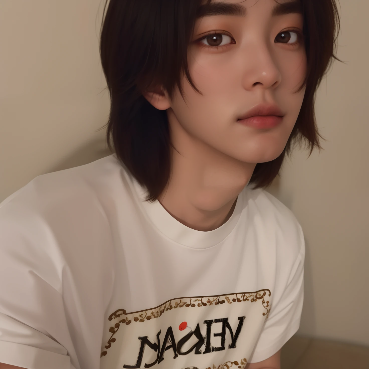 There's a man in a white shirt sitting with a cell phone, androgynous face, Jinyoung Canela, Ulzzang macho, 1 7 - ano - menino rosto magro, androgynous person, Hyung Tae, Hong June Hyung, androgynous male, Jung Jaehyun, androgynous, handsome japanese demon boy, com cabelos curtos, TaeJune Kim
