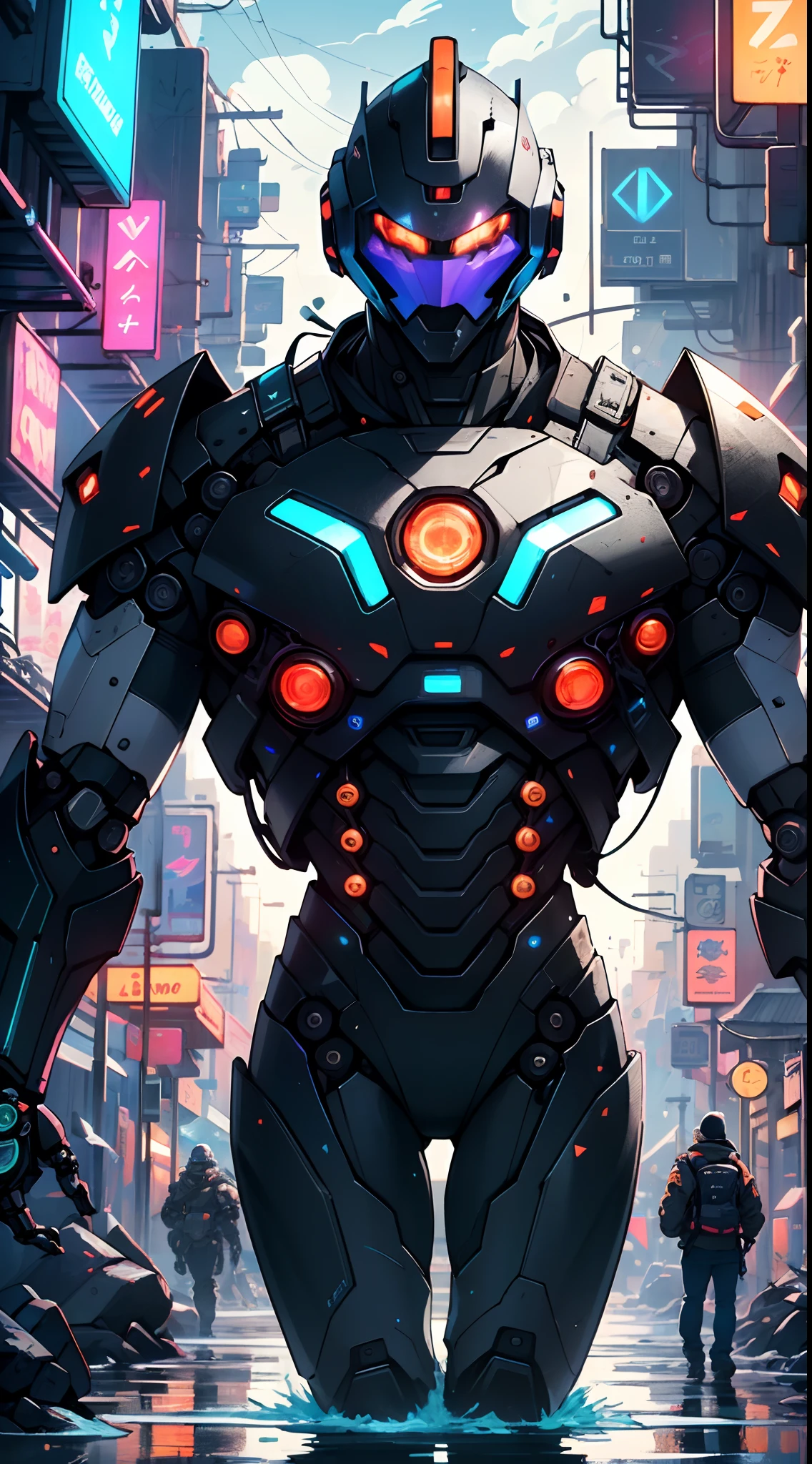 Imposing black plastic metal android robot,three meters tall,minimalist design,marked metallic musculature. His head is smooth and adorned with RGB lights,body is glossy black, RGB details, futuristic design,(((muscular))),hypermuscle, hyper muscles,carbon robot,humanoid robot, robot, robot joints, joints, helmet, armor, head-mounted display,(((robot with minimalist design))),((perfect robot face)),

He carries a metal backpack on his back.

(dynamic pose:1.0),solo focus,(centered,scale to fit dimensions,Rule of thirds),

cyberpunk city by the ocean at night, with bright neon signs and dark stormy clouds and puddles, scenery:1.25,nighttime, starry night, cosmos,Very dark night that makes the neon lights stand out, very bright neon lights,

artistic photography,(photography taken by sldr),highres, sharp focus,(ultra detailed, extremely detailed), (photorealistic artwork:1.37),(extremely detailed CG unity 8k wallpaper),((synthwave background theme)),(((vibrant colors))),intricate,(intricate background),(masterpiece),(best quality),perfect rendered face,perfect face details,realistic face,photo realistic,analog style,((intricate detail)),(((realism))),