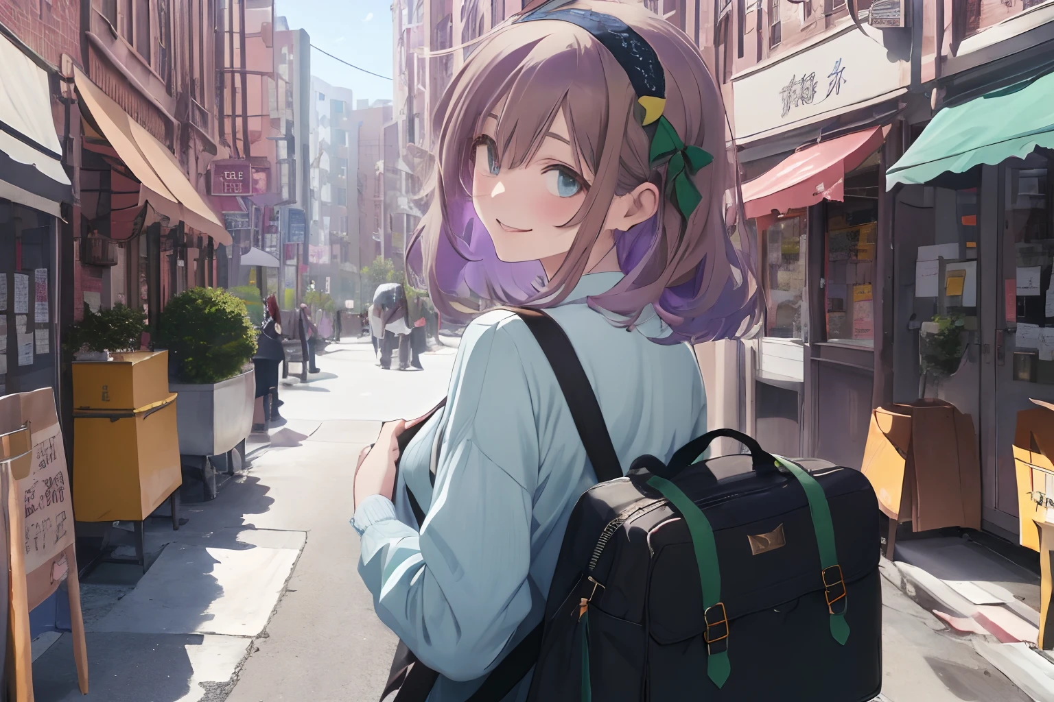 In a city lined with skyscrapers,Buildings of distant tourist attractions, The main color of fluffy is a mixture of light purple and brown,Fluffy shorthair,Green eyes,Denim Pants Style,Hold the guide map with one hand,The other hand is facing forward,Sheer green and yellow striped shirt,Light blue,A black,red and white,Long sleeves with a sense of transparency,Clothes are out of place,Hair Band,Boston Bag&Carry Bag,SEX,AHE Face,The back is visible,Pulling up your hair,Point your finger while turning, It has a lustful look,Smile on his face,Pleasant look,Sleepy face,heart mark,Smokexxx,red tide,