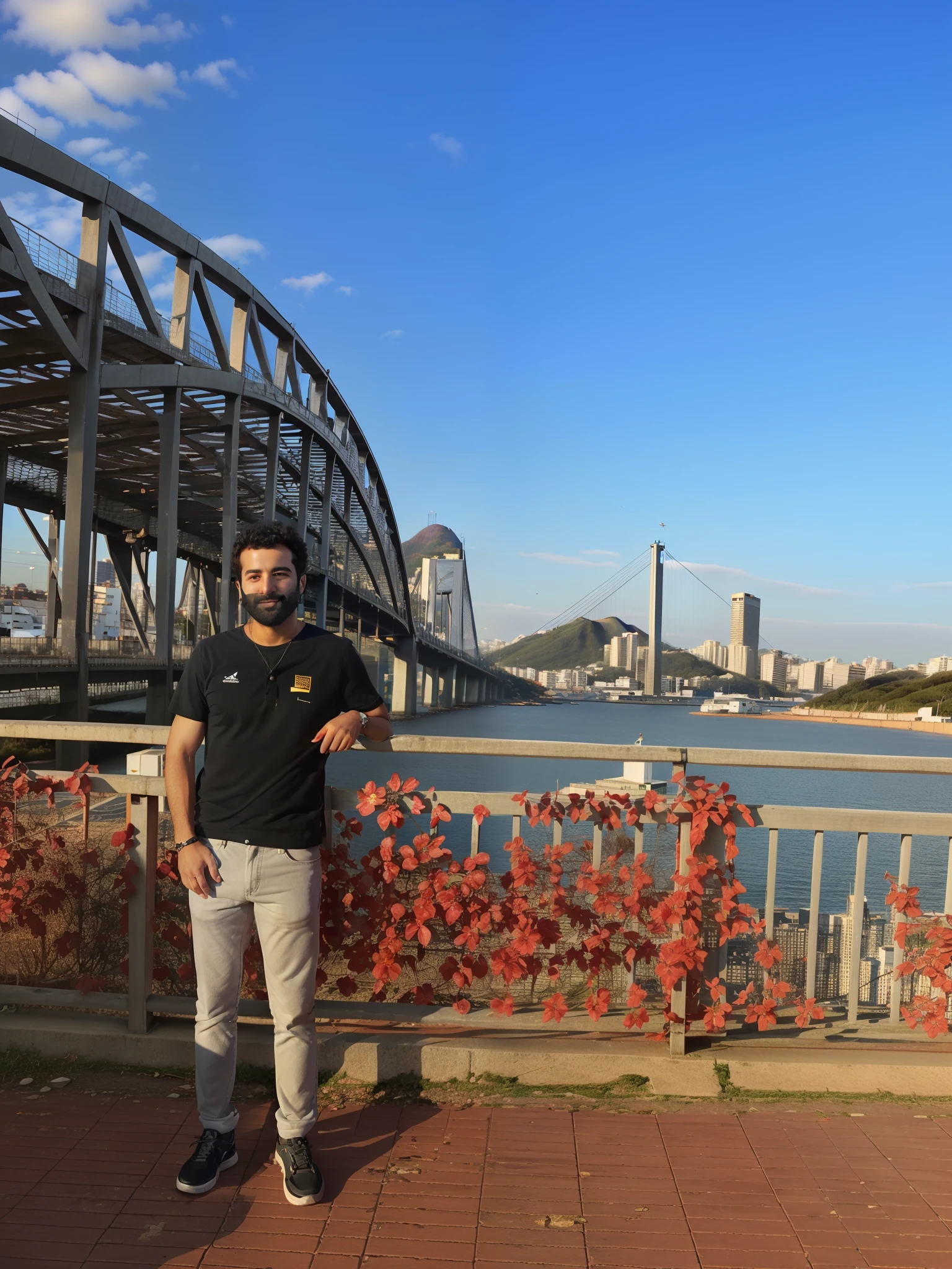 Arafed homem parado em frente a uma ponte com muitas eclusas sobre ela, Directed by: Robert Zünd, Directed by: Tom Wänerstrand, standing on a bridge, Directed by: Karl Völker, com uma cidade em segundo plano, Directed by: Jacob Steinhardt, rio ao fundo, vencedor do concurso 2021, Fotografia tirada em 2 0 2 0