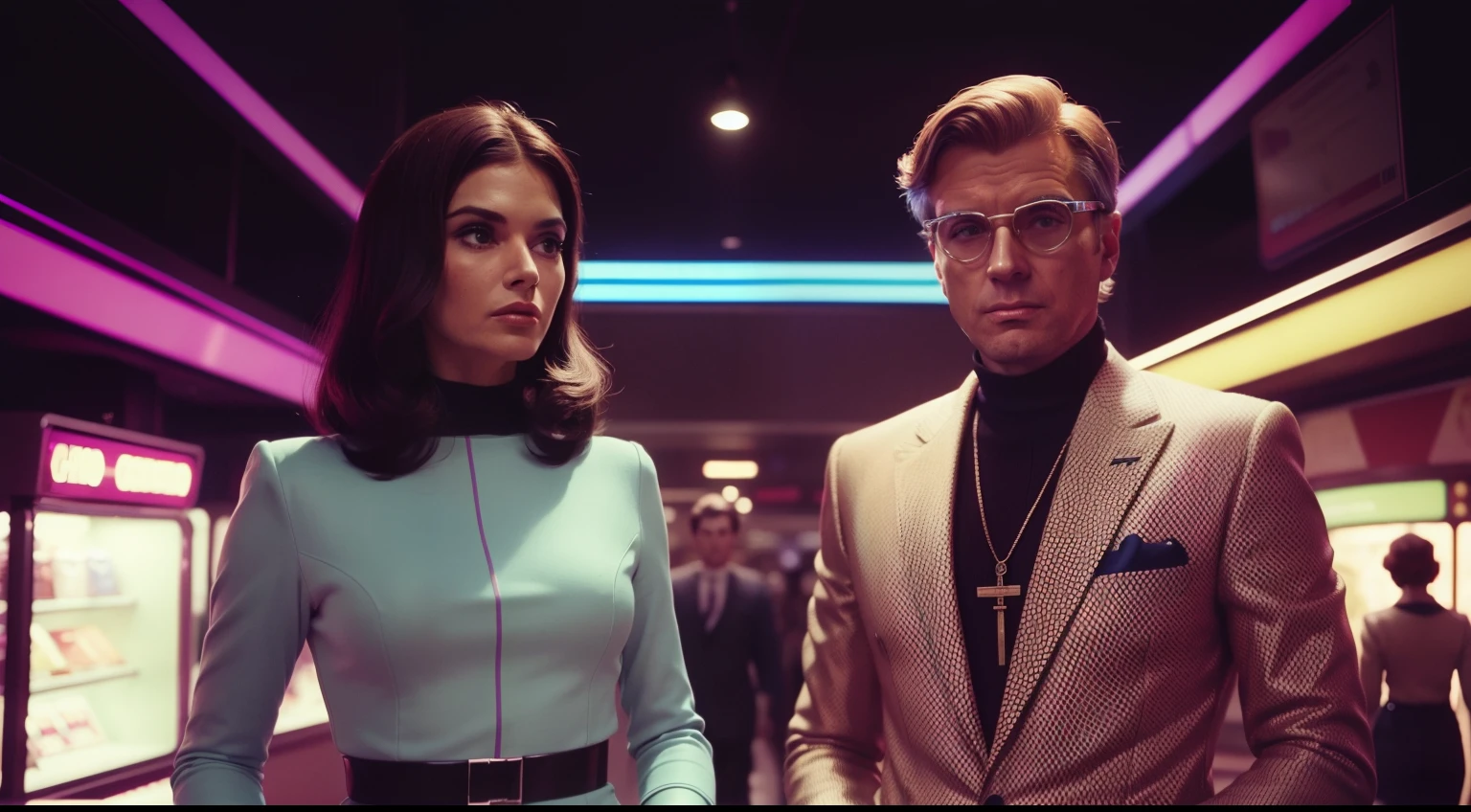 4k image from a 1960s science fiction film, Image from a Wes Anderson movie, pastels colors, close up portrait of a man and a sexy woman wearing retro-futuristic fashion clothes in a cyberpunk shoping mall, sci fi city with alien futuristic technological ornaments and devices, cinemactic light, Psychedelia