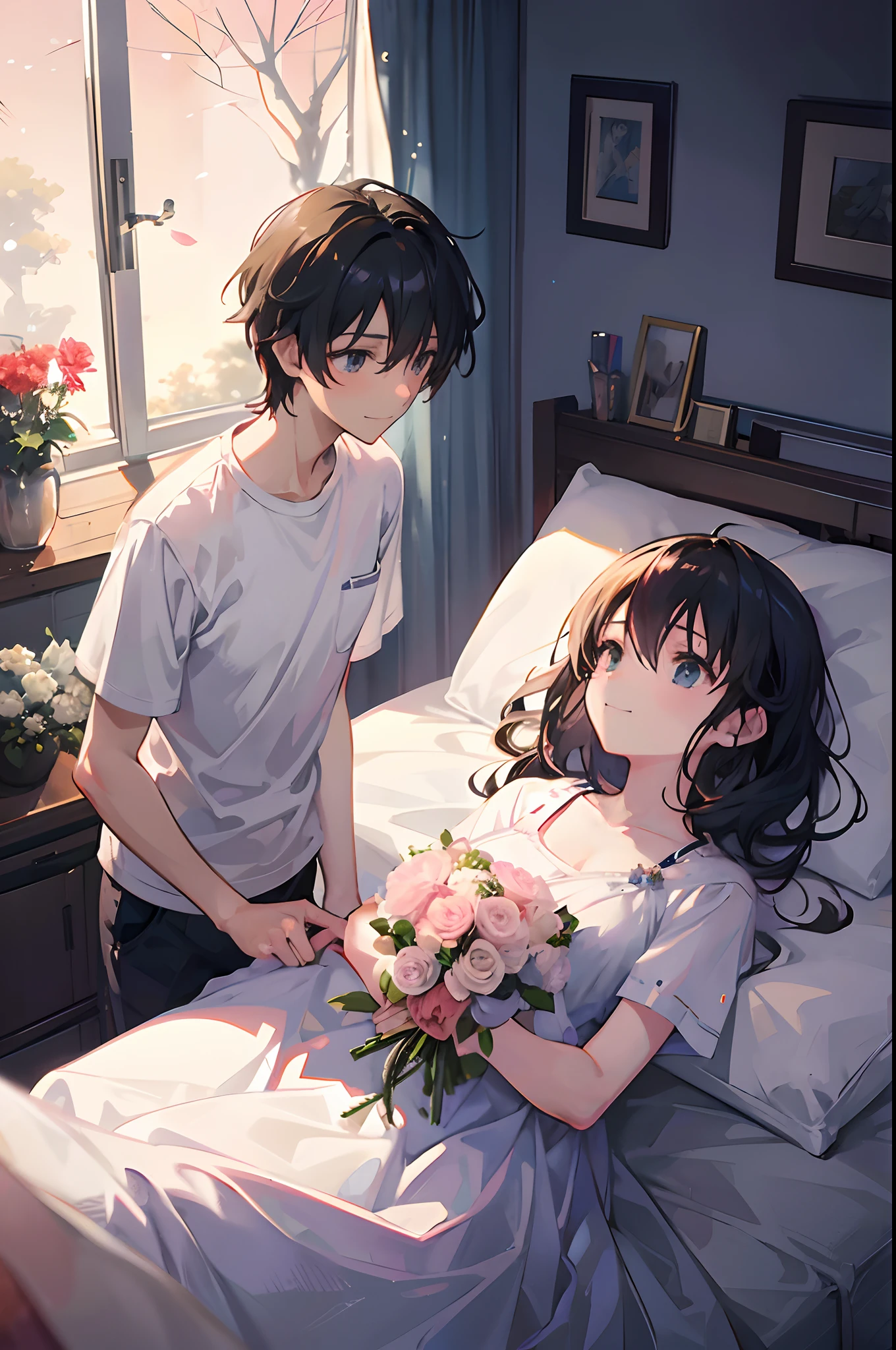 Create exquisite illustrations reminiscent of Makoto Shinkai's style, It has ultra-fine details and top-notch quality. Create an illustration depicting a young girl lying on a hospital bed. Beside her, there is a boy who has come to visit her. The boy stands by the bedside, holding a bouquet of flowers meant for the girl. Both the boy and the girl are smiling, radiating a sense of warmth and happiness despite the hospital setting. The atmosphere should be nostalgic, evoking a sense of fond memories and heartfelt connection between the two characters. Capture the emotions and expressions in a heartwarming and genuine manner