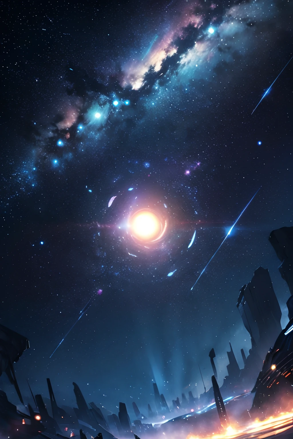 masterpiece、Background with((Fantastic starry sky、kosmos、Meteor swarm、black hole、Irridescent color))depth((Planets issued in blue))、Seen from below