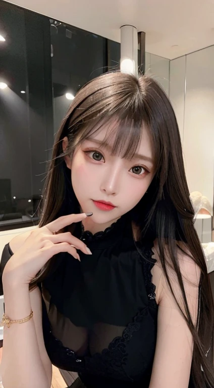 excellent、​masterpiece、Golden Eyes、Black clothe、look up to、The upper part of the body、brown haired、light skinned、(Aesthetic、pure beauty)、(flawless、Location Details)、Skinny face、Inverted triangle face、sharp eye、(Shy smile:0.6)、Black Lace Bodice、Bedrooms、Bright lighting、(femele、epic beauty、overhead lens、exquisite character art)