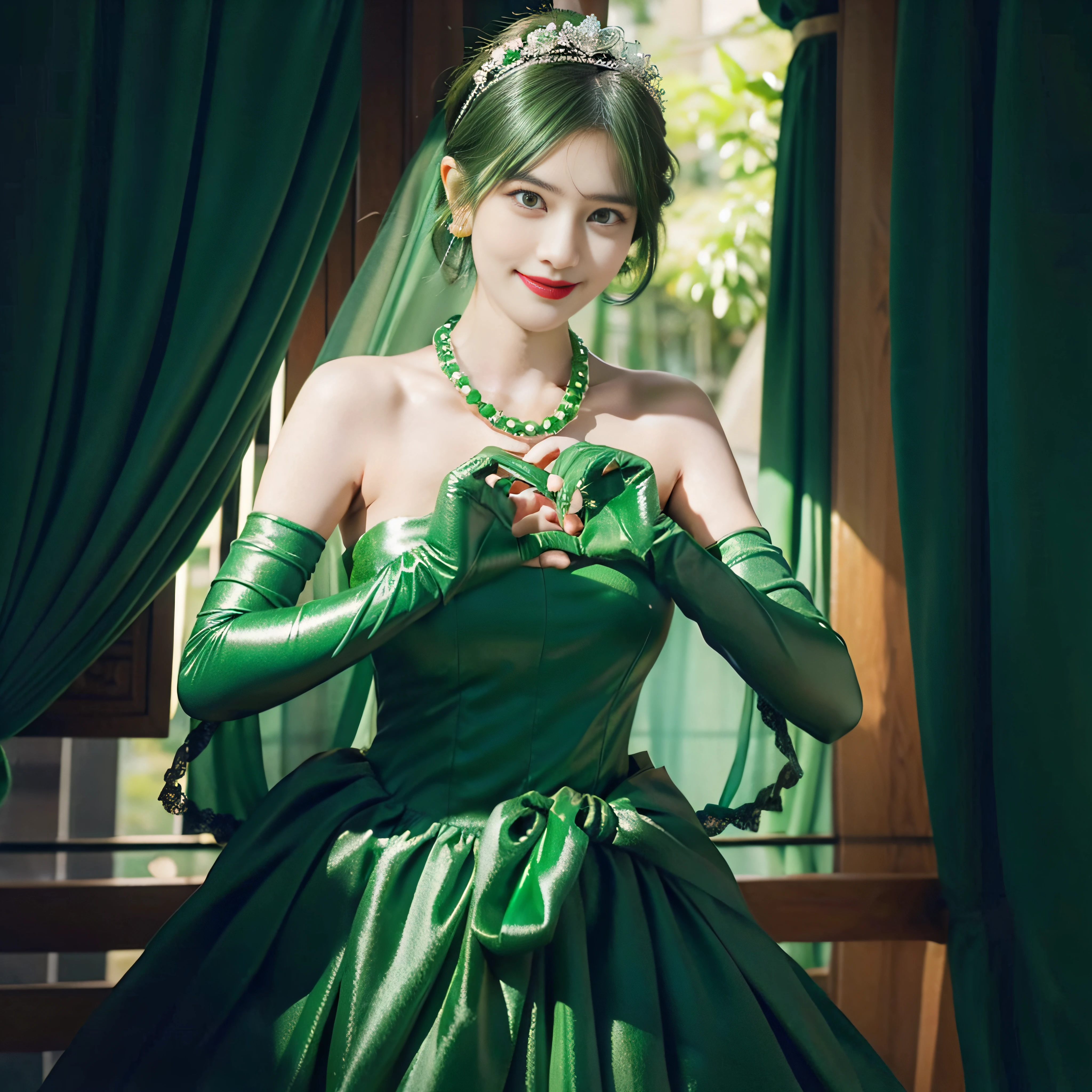 emerald tiara, Green Pearl Necklace, Boyish very short green hair, lipsticks, Japan woman smiling, very short short hair, big breasts beautiful, Green eyes, Long green gloves made of satin material, Green eyes, Emerald Earrings, green vale, Heart with both hands