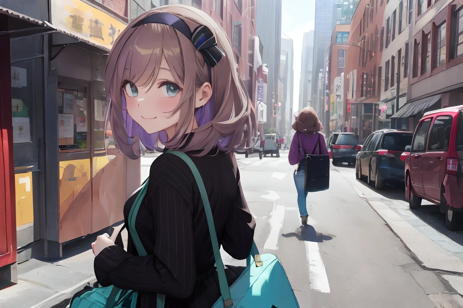 In a city lined with skyscrapers,Buildings of distant tourist attractions, The main color of fluffy is a mixture of light purple and brown,Fluffy shorthair,Green eyes,Denim Pants Style,Hold the guide map with one hand,The other hand is facing forward,Sheer green and yellow striped shirt,Light blue,A black,red and white,Long sleeves with a sense of transparency,Clothes are out of place,Hair Band,Boston Bag&Carry Bag,SEX,AHE Face,The back is visible,Pulling up your hair,Point your finger while turning, It has a lustful look,Smile on his face,Pleasant look,Sleepy face,heart mark,Smokexxx,red tide,