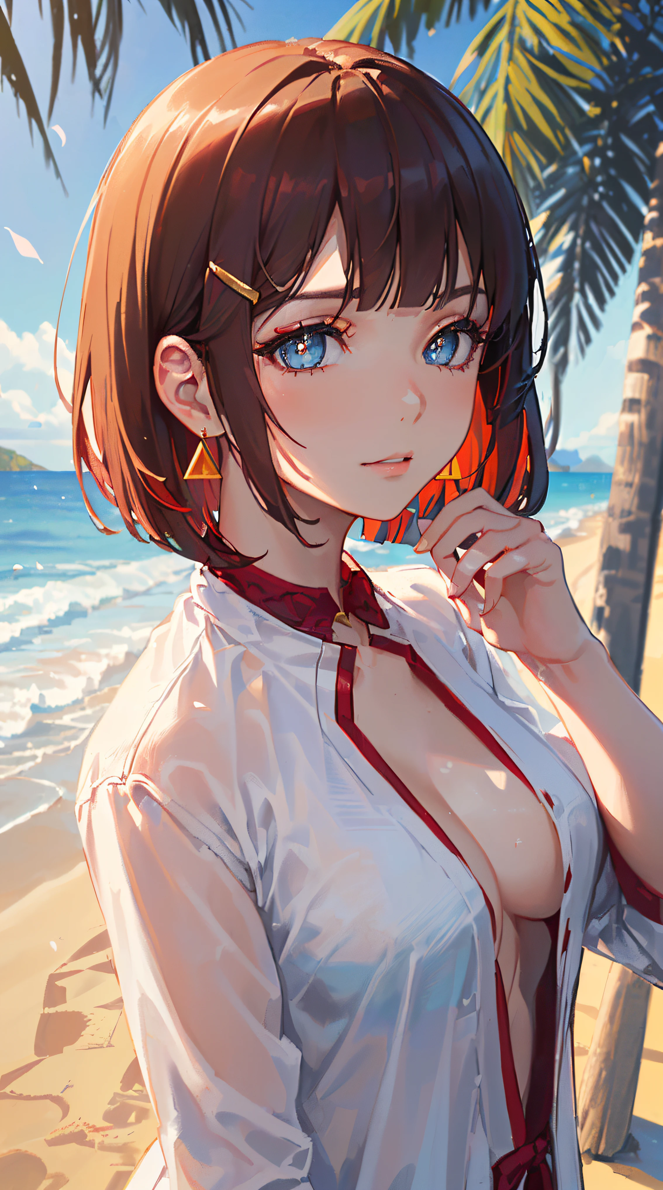 ((((summer theme,meticulous portrayal of face，1 noblewoman，a matural female)))),(dark night background+,perfect background)，Prom，Court etiquette，  s the perfect face， Perfect lips， perfect  eyes,)(((coast style,red hair,large white labcoat,no bra,lace-trimmed legwear)))，((1lady,adorable korean mixed race of Saudi Arabia girl，rosto magro，Solo,simple makeup,smug,))(Masterpiece,Best quality, offcial art, Beautiful and aesthetic:1.2),((超高分辨率,Golden ratio,)) (16k),((((coast,beach,intense shadows,strong rim light,))))((melon face，from above，1JK)),(Physically-based rendering),Amazing,Sharp focus, (((highdetailskin,))),Intricately detailed clothing，red pupils,red hair,Hexagram pupils,intricate pupils,((((detailed hair|short hair|long bangs|blunt bangs)))),((Slender,))(masterpiece sidelighting),(The sheen),(beautiful hair,beautiful eyes,）[[Delicate fingers and hands:0.55]::0.85],(Detail fingers),(((Superior quality)))),((unbelievable Ridiculous,)),((extremely_Detailed_Eyes_and_face)),Movie girl,(Dynamic configuration: 1.2),Brilliant,Beautiful lady, (Photorealistic),( coconut trees,), mitts, triangle crystal earrings, ((hairclip)), Light particles, view to the sky,  petals, Side Rock,, two-sided fabric