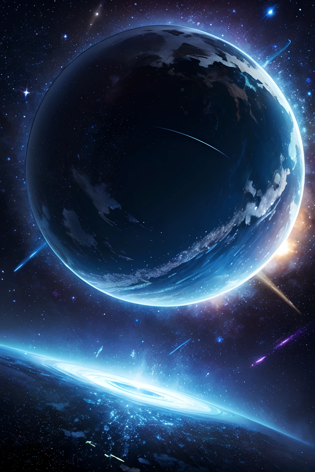 masterpiece、Background with((Fantastic starry sky、kosmos、Meteor swarm、black hole、Irridescent color))depth((Planets issued in blue))、Seen from below