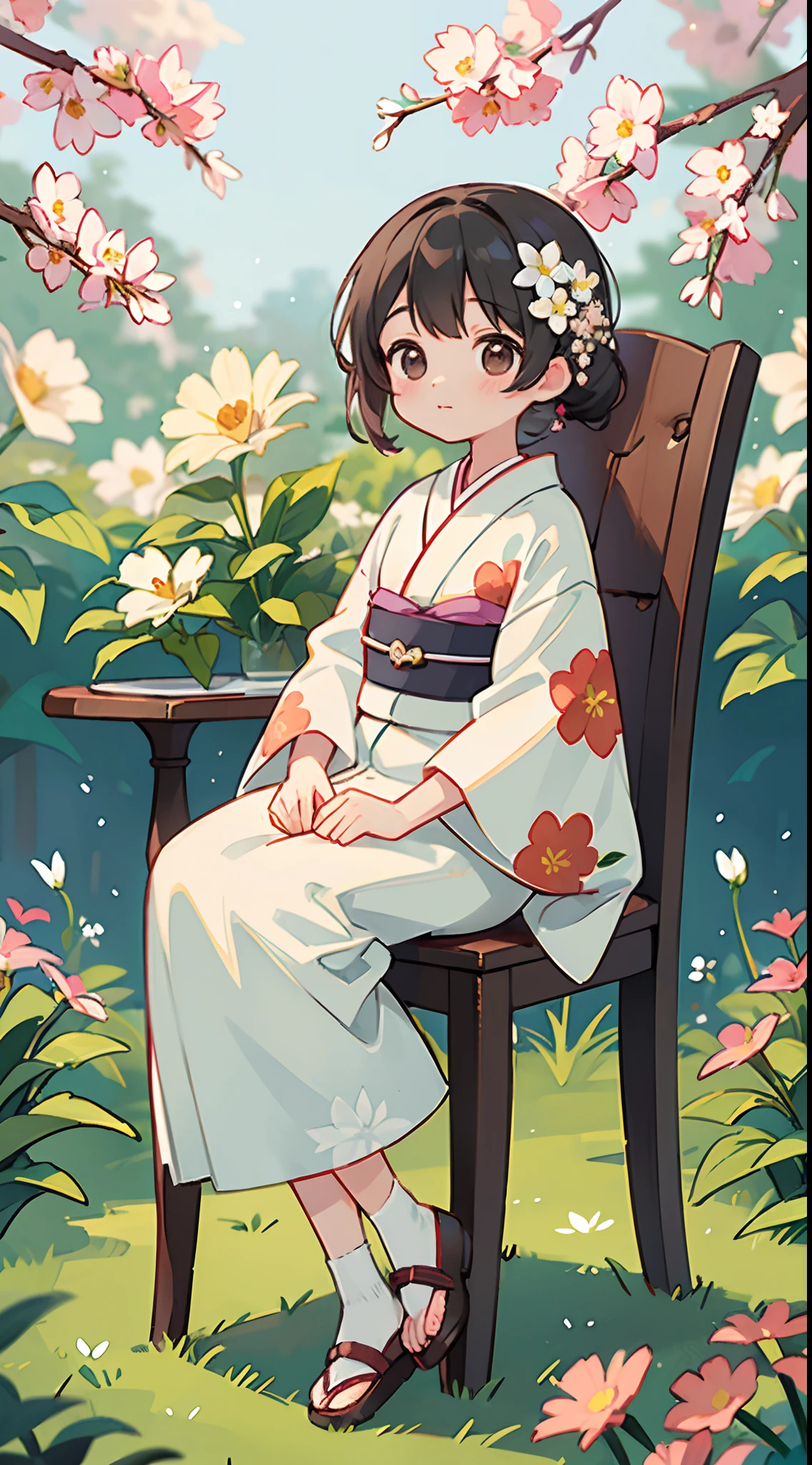((top-quality))、 ((masterpiece))、florals、Kimono、Stand in front of the photo 、Flowers in the foreground、Strong bokeh、Cute shoes、sit a chair、bio luminescent、radiant light