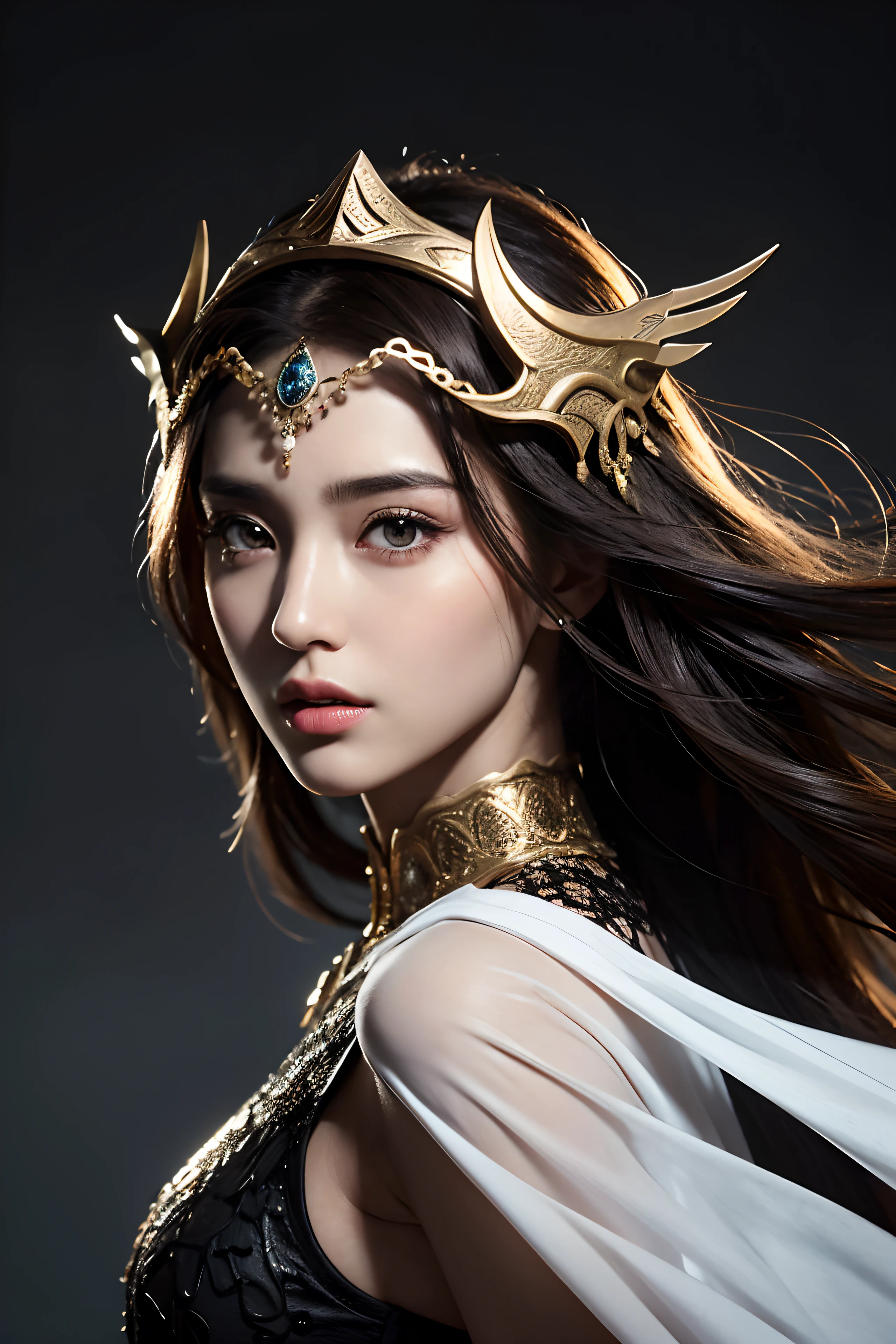 model shoot, (1 woman 30 years old), Islamic warrior, hyper realistic, super detailed, Dynamic shot, masterpiece, scene sharp détails, perfect eyes, perfect skin, perfect hands, fierce leader, battle field, headpiece, wavy messy medium length hair