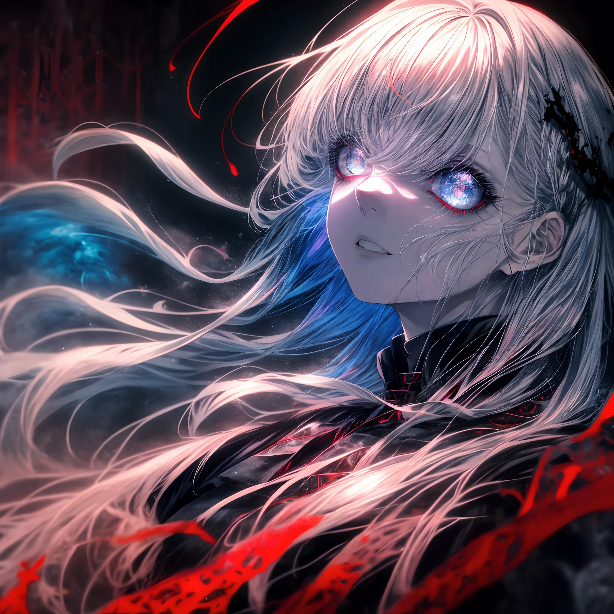 Anime girl with long white hair and blue eyes staring at something ...