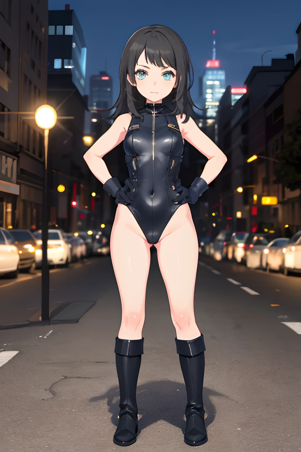 umiriyahata, looking at viewer, masterpiece, best quality, highres, 1girl, solo, superhero, leotard, bare legs, boots, matching boots, sleeveless, gloves, matching gloves, city backdrop, black leotard, standing, hands on hip, full body shot, glowing body