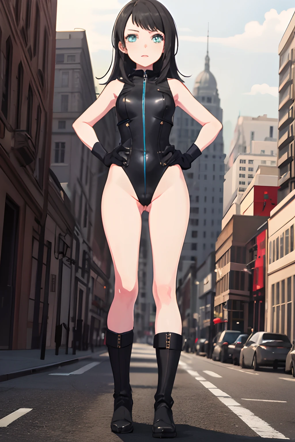 umiriyahata, looking at viewer, masterpiece, best quality, highres, 1girl, solo, superhero, leotard, bare legs, boots, matching boots, sleeveless, gloves, matching gloves, city backdrop, black leotard, standing, hands on hip, full body shot, glowing body