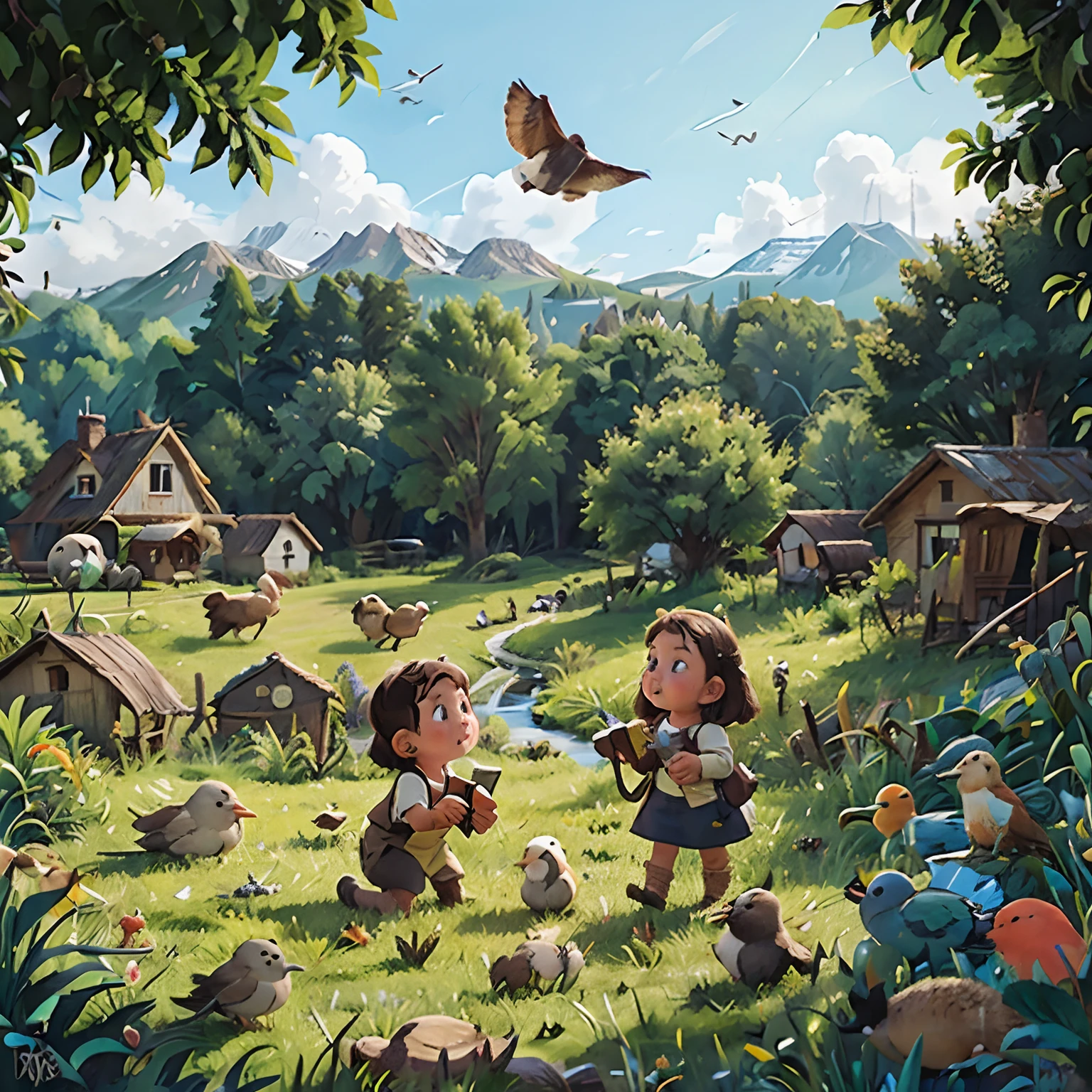 Country side, childrens, birds. rivers, mountain. Book illustration