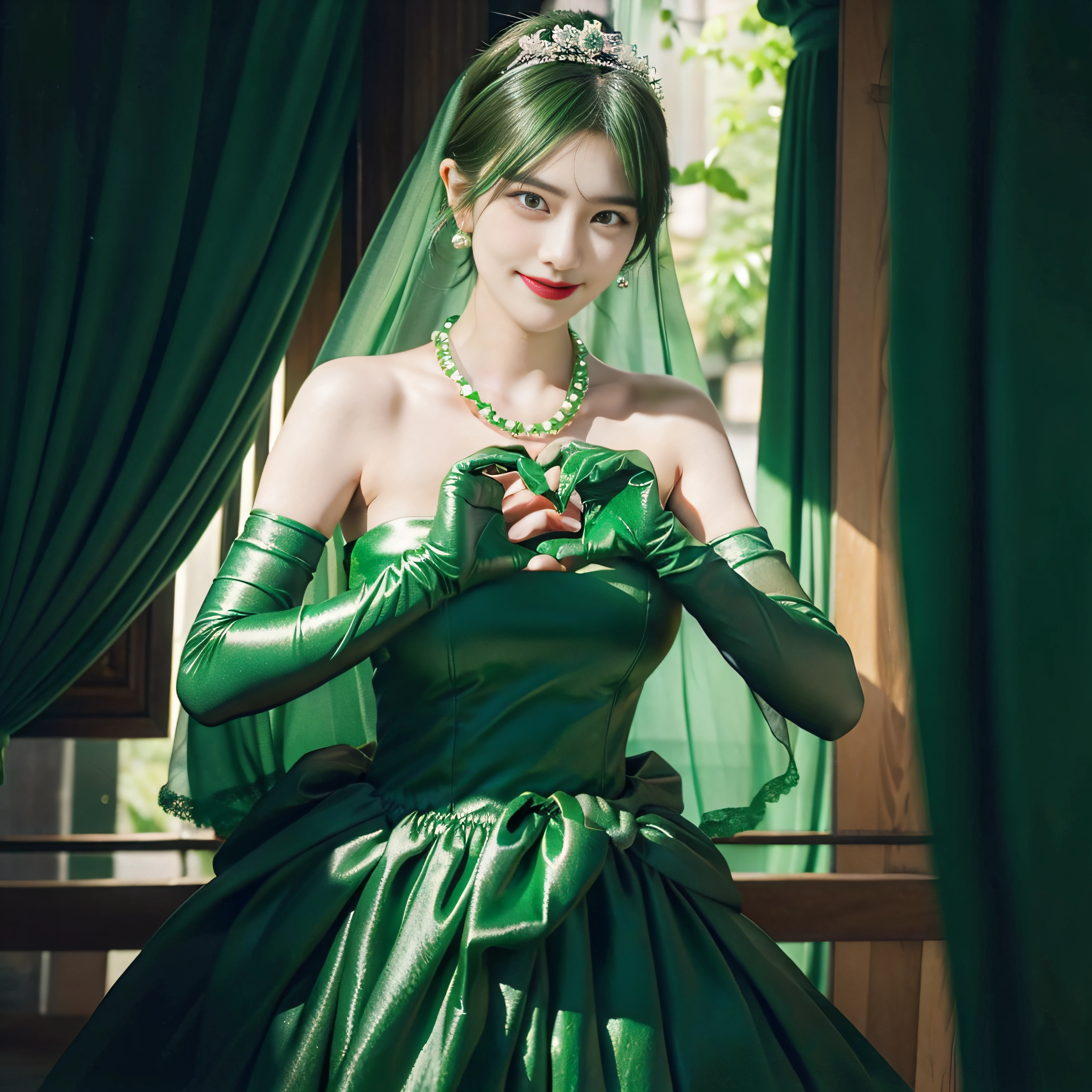 emerald tiara, green pearl necklace, ボーイッシュな非常に短いgreen hair, lipstick, green eyesの笑顔の30代女性, very short hair, Beauty with large breasts, green eyes, Long Green Satin Gloves, green eyes, emerald earrings, green veil, heart with both hands, green hair, green eyesの30代美人女性, heart shaped hand:1.3