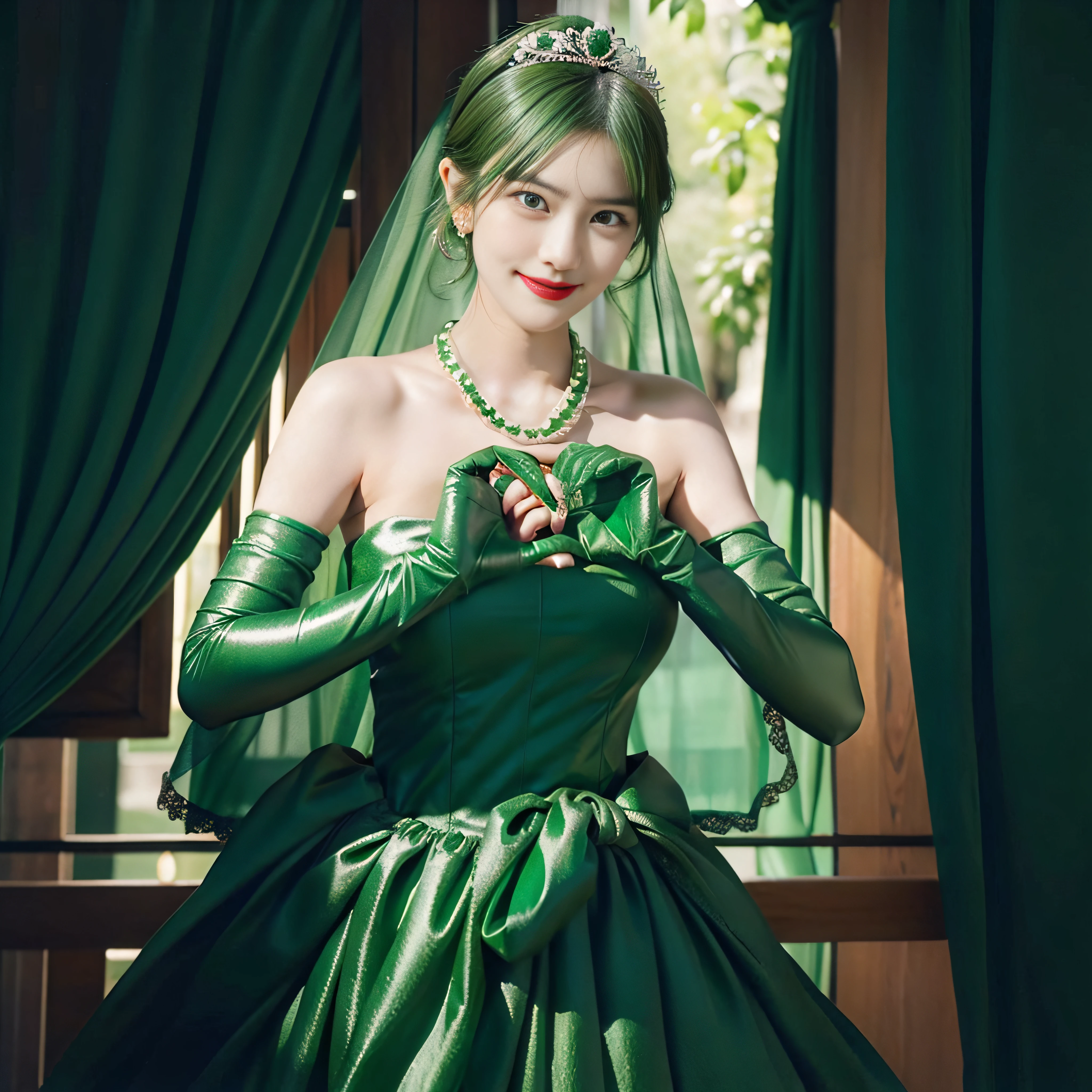 emerald tiara, Green Pearl Necklace, Boyish very short green hair, lipsticks, Japan woman smiling, very short short hair, big breasts beautiful, Green eyes, Long green gloves made of satin material, Green eyes, Emerald Earrings, green vale, Heart with both hands