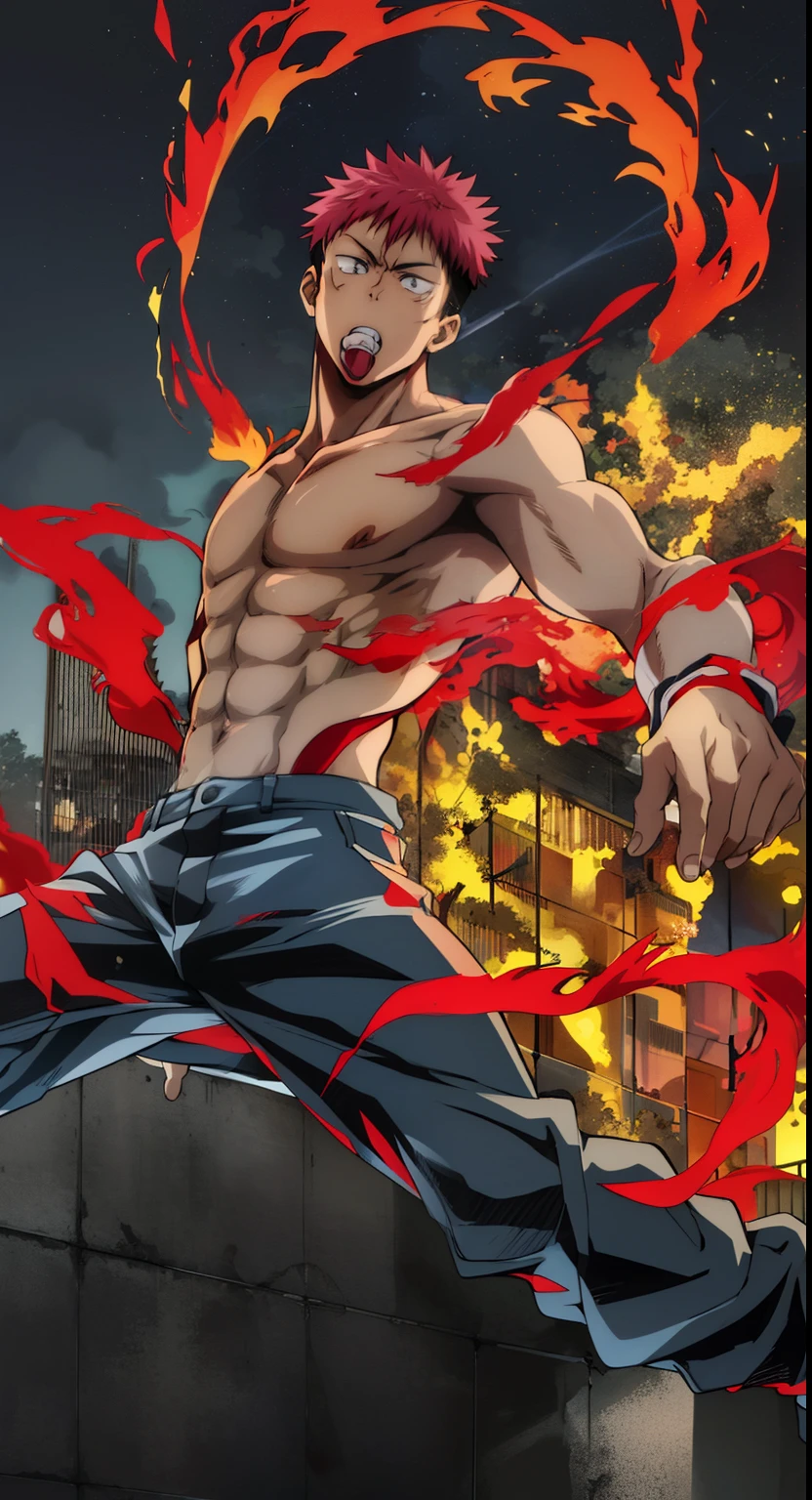 itadori_yuuji ,Personaje de anime con cabello rojo y pantalones negros pateando un fuego, Badass Anime 8K, striking manga artstyle, Estilo baki, an epic anime of an energy man, Fuego!! cuerpo completo, epic anime style, Ilustraciones de fondo, Estilo anime hiper detallado, Trigger anime artstyle, enojo. hiper detallado, destellos de energia rojo, energia roja alrededor, obra maestra , cabello rosa detallado, iluminacion epica nocturna, explocion, ciudad en llamas ,