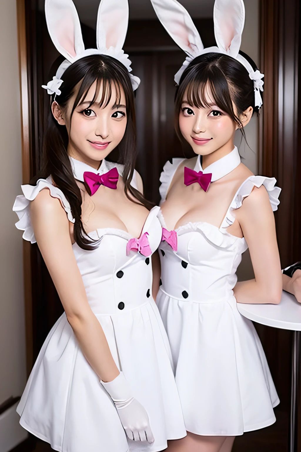 identical twin sisters、Wearing the cutest French maid in the world,Z cup big,The sculpture model is attractive, (identical twin sisters:1.3)、realistic pictures、Photoreal:1.4 Official art、Super detailed、beautiful and aesthetic、beautiful feces、masterpiece、highest quality、Sit down、spread your legs、big breasts、(barefoot)、The cutest maid choker in the world、the cutest gloves in the world、beautiful skin、the cutest earrings in the world、cute smile、At the cutest cafe in the world、The cutest gravure idol pose in the world、The most glamorous body in the world