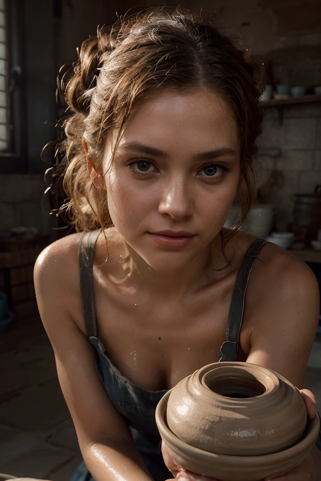 1 woman, she's (shaping wet clay at a pottery wheel:1.2), (she's looking at camera), (she's shaping wet pottery clay:1.3) , she is a gorgeous,,(interior ceramic studio)), stunning natural lighting on every element,), realistic photo, (55% of photo is black in drawing:1.4), she's has (eye contact:0.3) skill , (she wears apron, jeans), (shaping clay:0.4) beautiful face, slight smile, intense presence, masterpiece, obsessively detailed pottery throwing wheel, cozy relaxed, teasing us, catching us, beautiful hands, kind eyes, gorgeous, incredible details, ((high contrast)), (deep, darkest shadows), (shadow details:1.3), ((taken using Leica camera, aperture: f/2.3)) , hyper-realistic skin, pores, scar, mole, (she has blonde hair pulled away from face, tidy updo,), (natural look), natural resting, perfect hands, relaxed moment, messy clay hands, forming wet clay into tall shape, she's in dark with natural light glow, (romantic light:0.7), radiant skin, perfectly framed face, perfect relaxed hands, perfect fingers, (perfect portrait, incredible eyes:0.7), a work of art, hans memling composition, golden ratio, inspiring, (highest quality fabric texture), every detail,Fine facial features – (Highest Quality) ,Leica camera film, High quality ○○ detailed – ○○ details ultra detailed(Ultra-fine ), Photorealistic, Extremely detailed(Extremely detailed) , (highest detail image, lens flare, realistic)○○ res – ○○ resolution ultra high res(A high resolution),playful relaxed photos