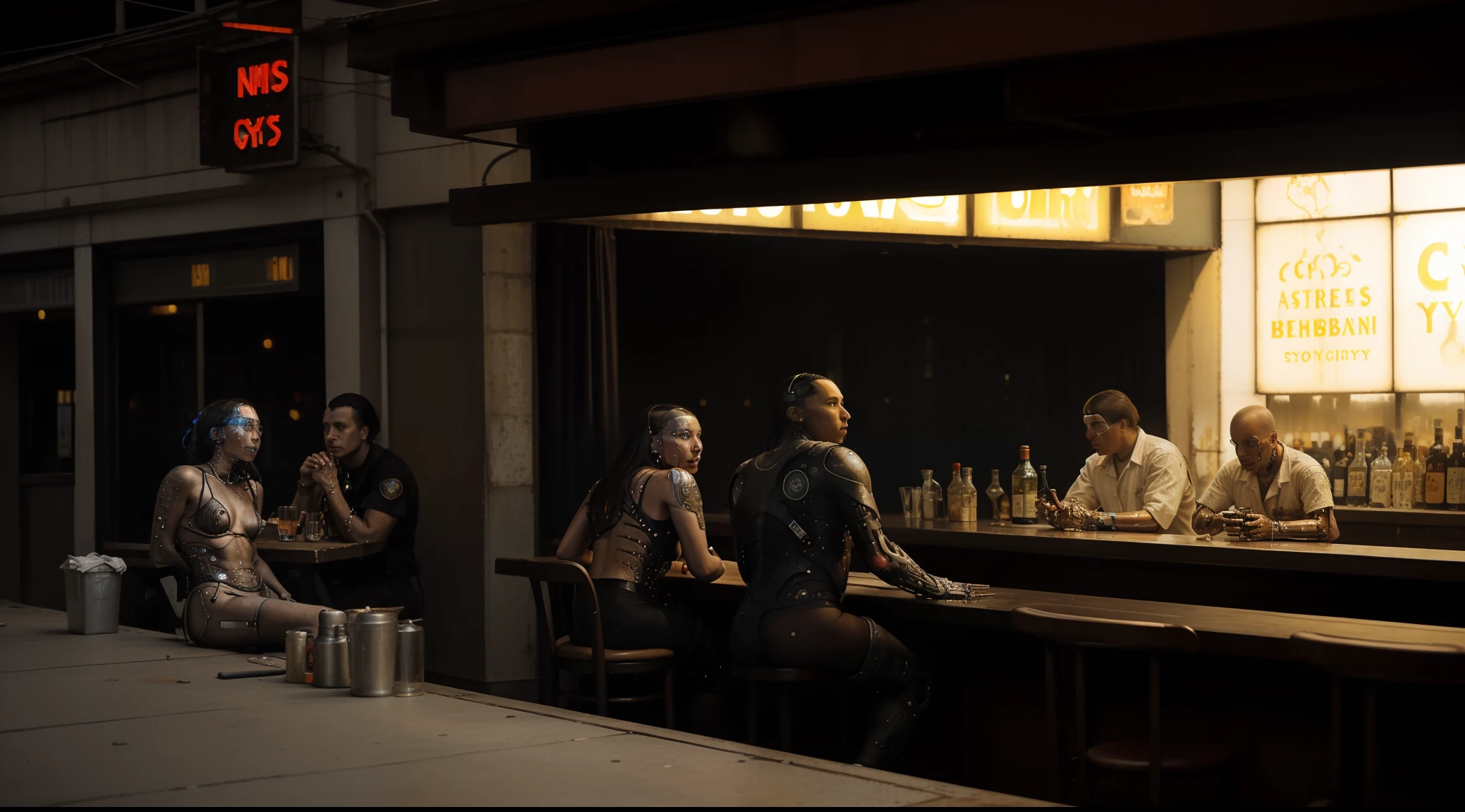 a painting of a group of (cyborgs:1.5) sitting at a bar, nighthawks, by Richard Estes, by Morris Kestelman, ed hopper, inspired by Richard Estes. Vivid colours, masterpiece. Rundown futuristic, rusty world, garbage, dirty. Fine details, 8k, insaneres