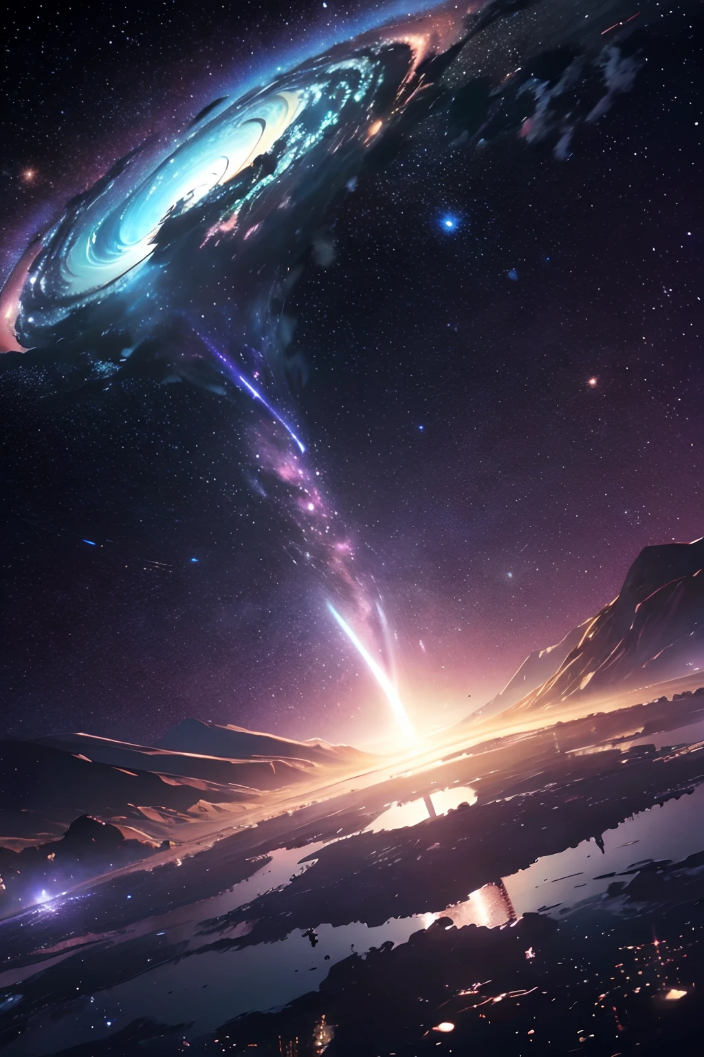 ​masterpiece、Background with（（Fantastic starry sky、kosmos、Meteor swarm、black hole、Irridescent color））depth（（Planets issuing white））、Seen from below
