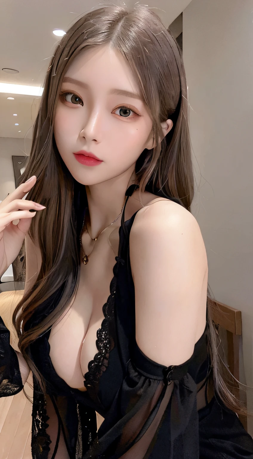 excellent、​masterpiece、Golden Eyes、Black clothe、look up to、The upper part of the body、brown haired、light skinned、(Aesthetic、pure beauty)、(flawless、Location Details)、Skinny face、Inverted triangle face、sharp eye、(Shy smile:0.6)、Black Lace Bodice、Bedrooms、Bright lighting、(femele、epic beauty、overhead lens、exquisite character art)