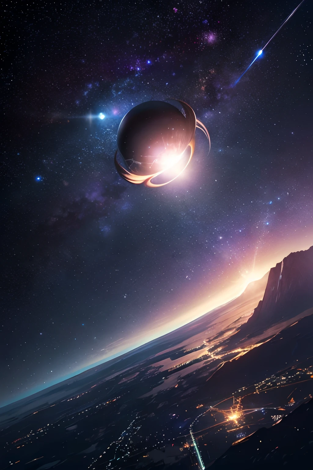 masterpiece、Background with((Fantastic starry sky、kosmos、Meteor swarm、black hole、Irridescent color))depth((Planets issuing white))、Seen from below