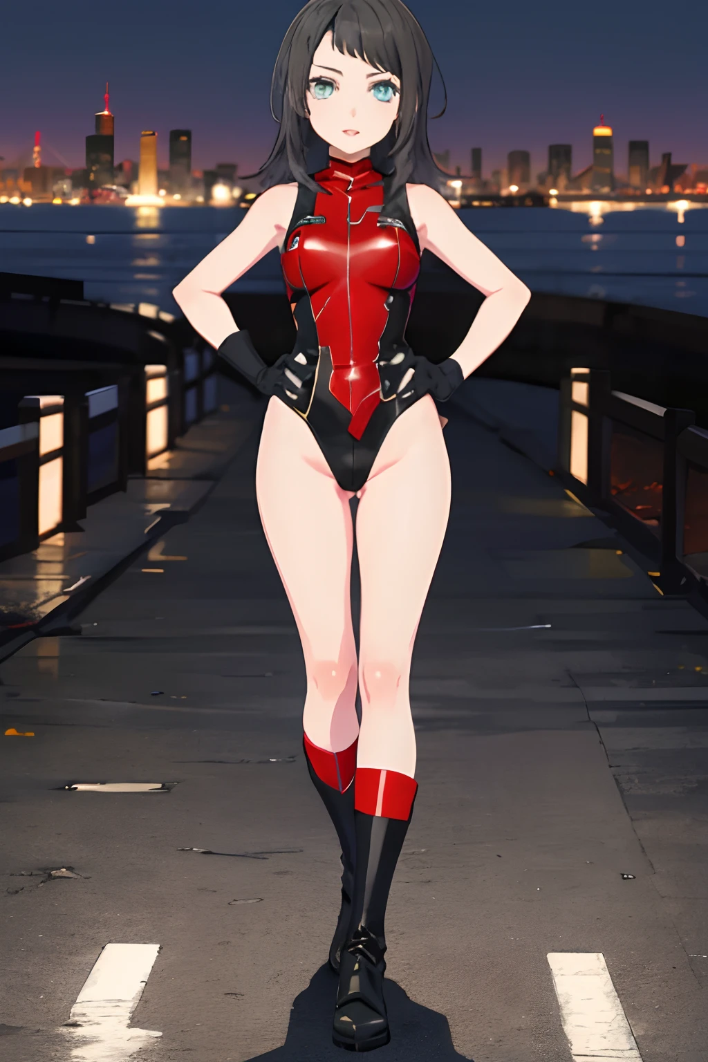 umiriyahata, looking at viewer, masterpiece, best quality, highres, 1girl, solo, superhero, leotard, bare legs, boots, matching boots, sleeveless, gloves, matching gloves, city backdrop, black leotard, standing, hands on hip, full body shot, glowing body
