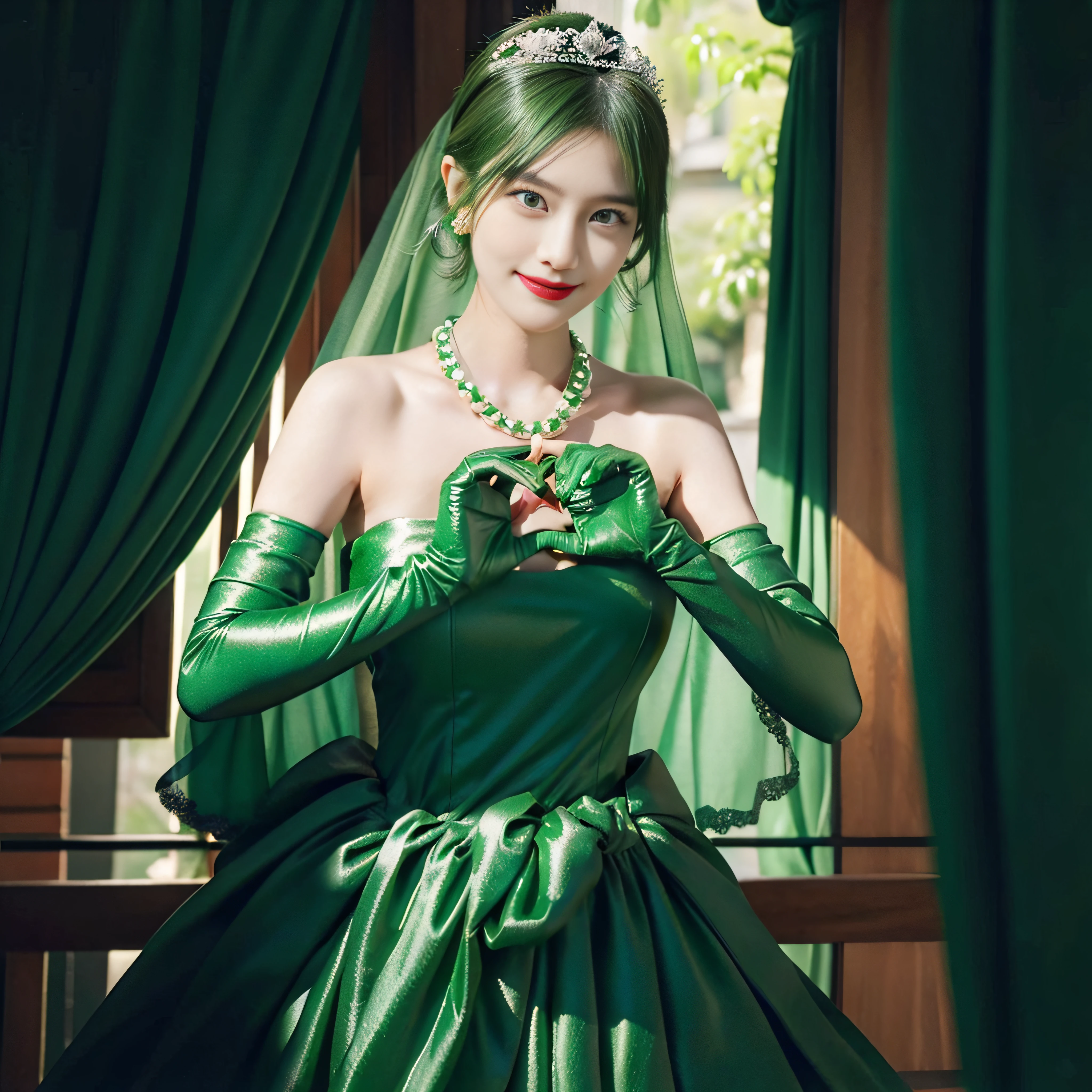 emerald tiara, Green Pearl Necklace, Boyish very short green hair, lipsticks, Japan woman smiling, very short short hair, big breasts beautiful, Green eyes, Long green gloves made of satin material, Green eyes, Emerald Earrings, green vale, Heart with both hands