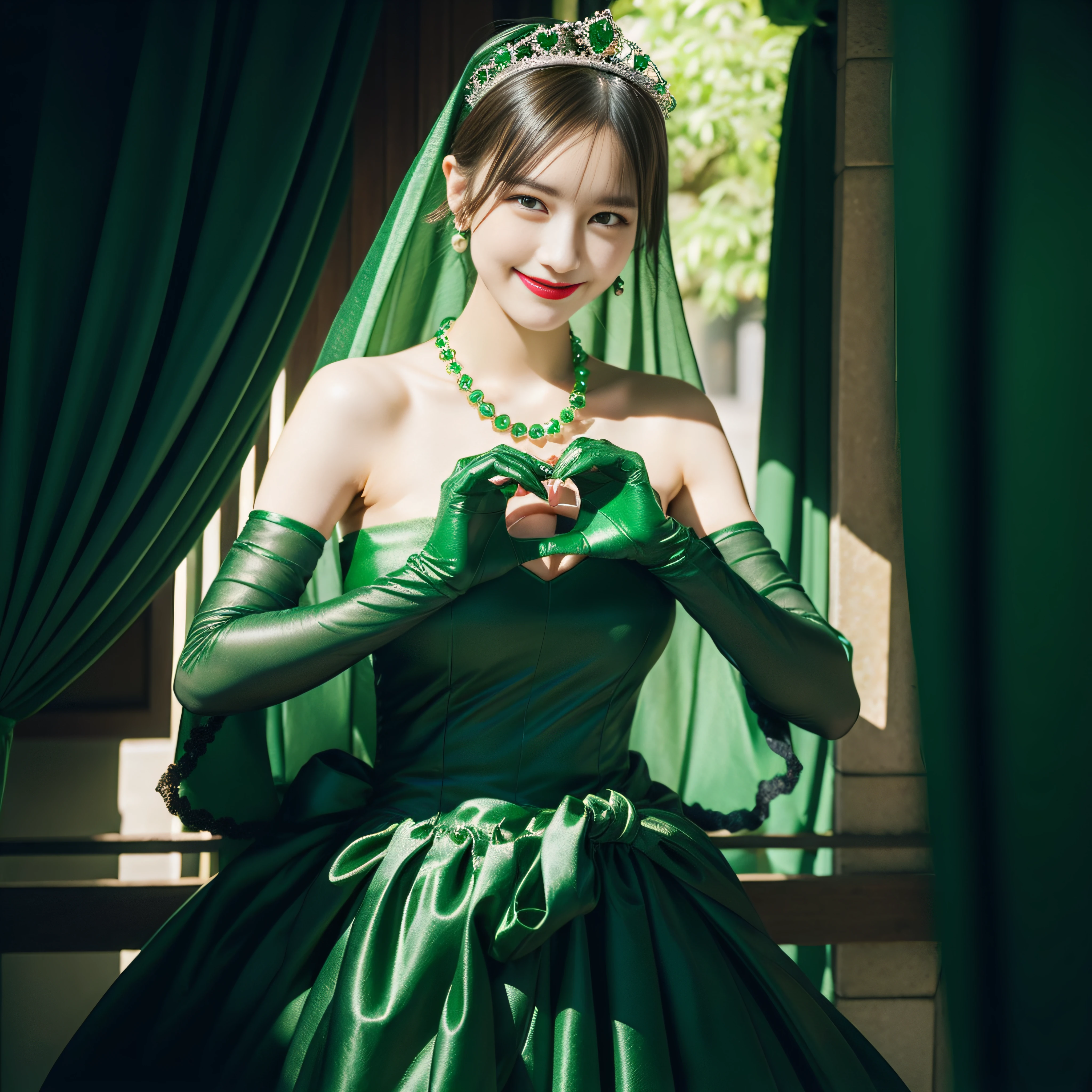 emerald tiara, Green Pearl Necklace, Boyish very short green hair, lipsticks, Japan woman smiling, very short short hair,  big breasts beautiful, Green eyes, Long green gloves made of satin material, Green eyes, Emerald Earrings, green vale, Heart with both hands