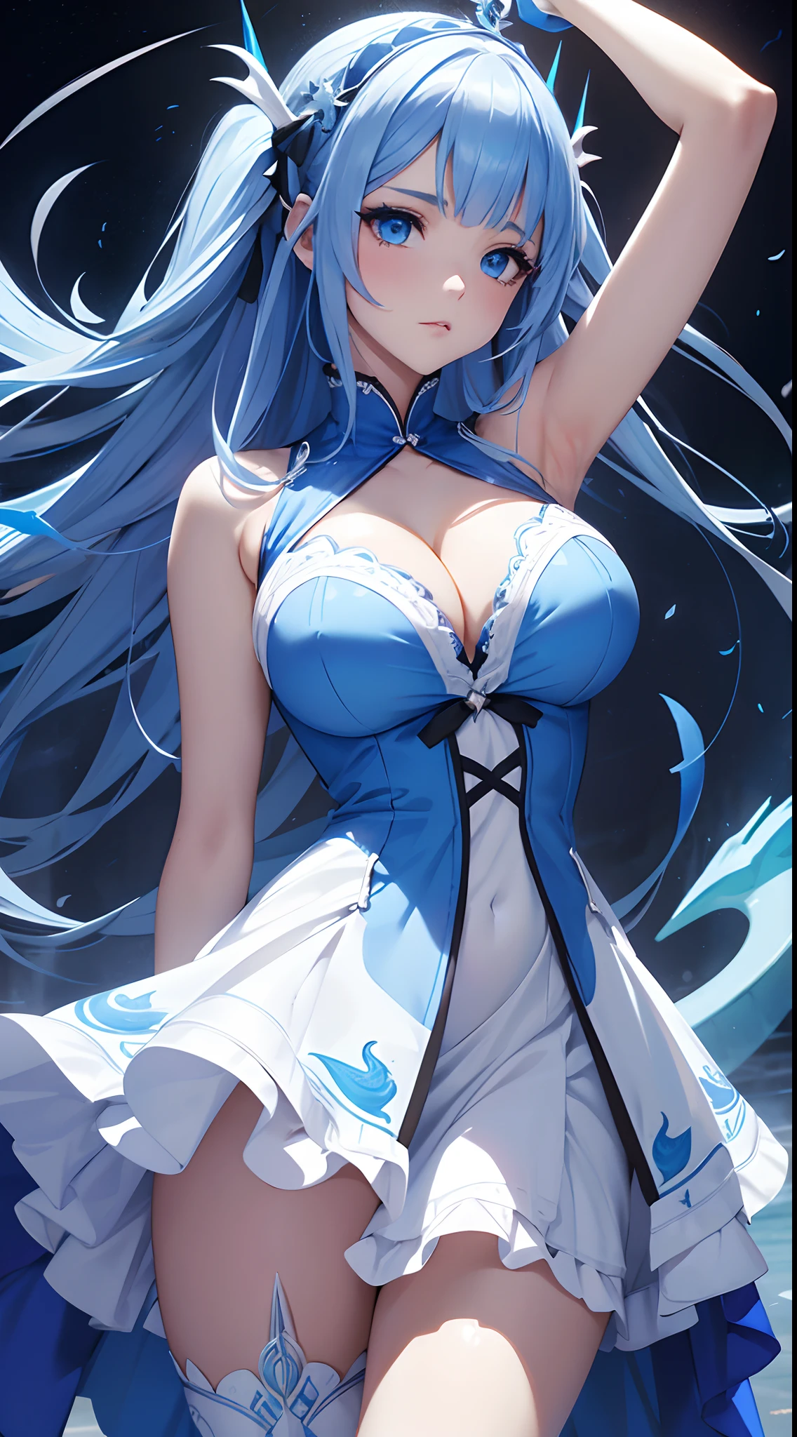 Una chica con vestido azul y pelo blanco al estilo cazador de dragones,Mouint in the air with a big blue dragon, en HD, Hermosa y con un aura poderosa, 4k,(vestido ta:1.4),(mostrando panties White:1 4)