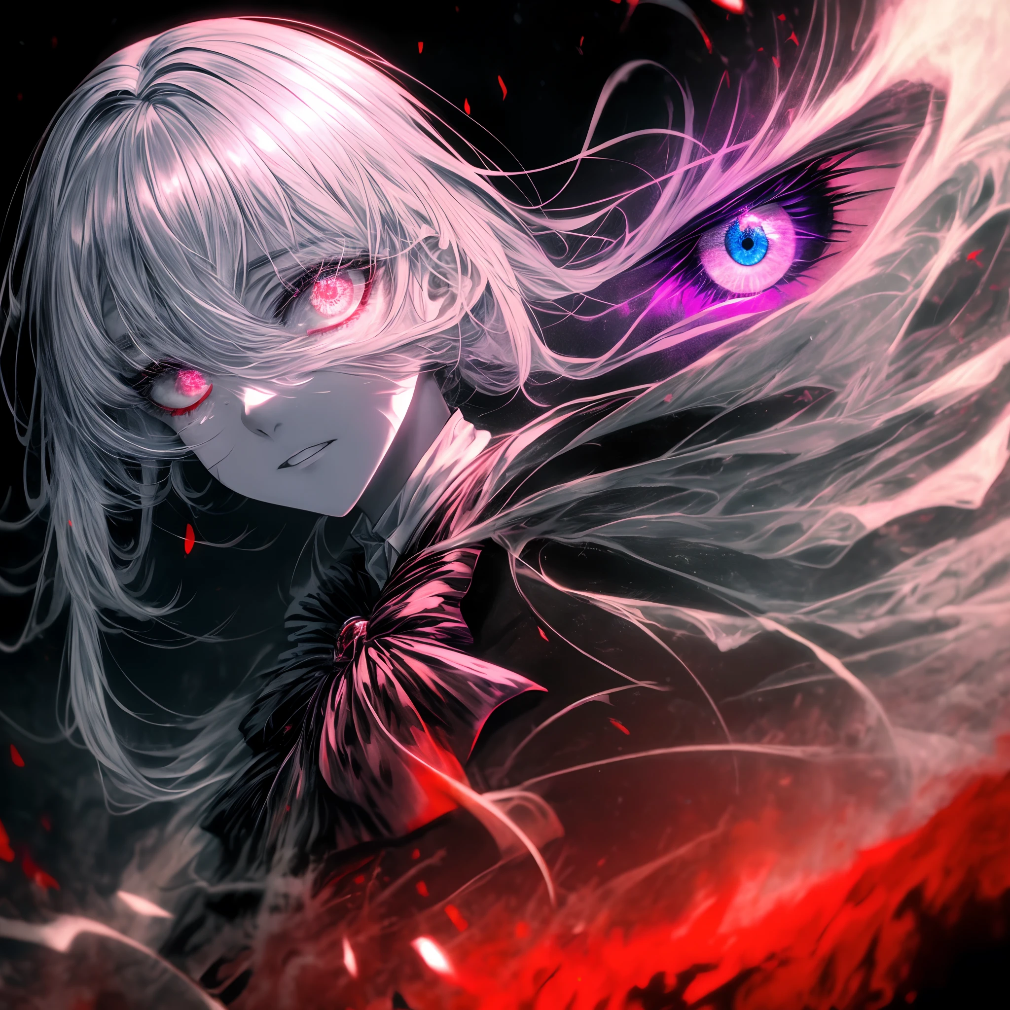 a closeup of big demonic eyes, compound eyes, Unique demon ghouls, Unusual pupils,Kaneki, Monochrome, Radioactive light, anime2018::1, purple::1, Neon color::1,, Part 1.5, detaled face, ultra quality, Ultra Graphics, Flowering 1.0, l vampire, depression, ultra realistis, Anime IRL,Anime girl, Dark gothic Style, HDR, RTX, The body shatters , Detailed Face,soft-lighting, makoto sinkai,Digital Painting,looking up at the camera", 8K, big dreamy eyes,blurry, Smooth soft skin, Cloned face, Symmetrical,neon liquid, leaks from the eyes,anime art,photo, Face cracking , ......key: purple, blood from the eyes, Realistic, Realistic light, Realistic anime, realistic shadows, Liquid, depressive, Clouds, Sakura, spider lily , A detailed eye, eyes focus, Lashes, fluffy lower eyelashes:1.5, pale face, Very purple eyes, gloomy horror atmosphere, Scary picture, woods, mist, Neon purple Liquid, flowing down from the trees, Dark atmosphere, The body shatters, braids, Sateen, blood on the ground, fire, eye closeup,The Better Generation, Ultra Generation, Generation 3000, 2048×2048......, Face detailing, Detailing clothes, Symmetrical balance, Tokyo Ghoul, death note, castlevania, l vampire, Kaneki, Anime 2020, Water and sky, black hair,Detailed hair, Tokyo Ghoul, death note, castlevania, Kaneki, l vampire, Depressive art, depression, ennui, Sadness, cry, pain, Black smoke, Black Energy, Tentacles, Kagune, bloods, blood on the face, A sea of blood, fetters, barbed wire, fire, Wide-angle camera, lots of fine detail, spider lily, Sakura, Sweet, Scalopendra, Black background, horror film, Hole in the case, Dead Inside, Dead Art, lying on the grass, Manga style, comic style, Multiple frames, The body is destroyed, Manga page, Eyes are everywhere, Lots of eyes in the background, Drawing of Ishida sui, art of Ishida sui, in the style of Ishida sui, Two people, in full growth, depressive posture, Spider flowers