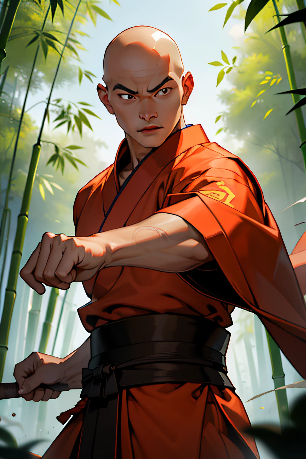 The facial features are clear and three-dimensional,masuter piece,Highest quality,Chinese face,Chinese martial artist,A bald boy,ars old、shaolin,Martial monks,dynamicposes、Jumpy、bamboo forrest