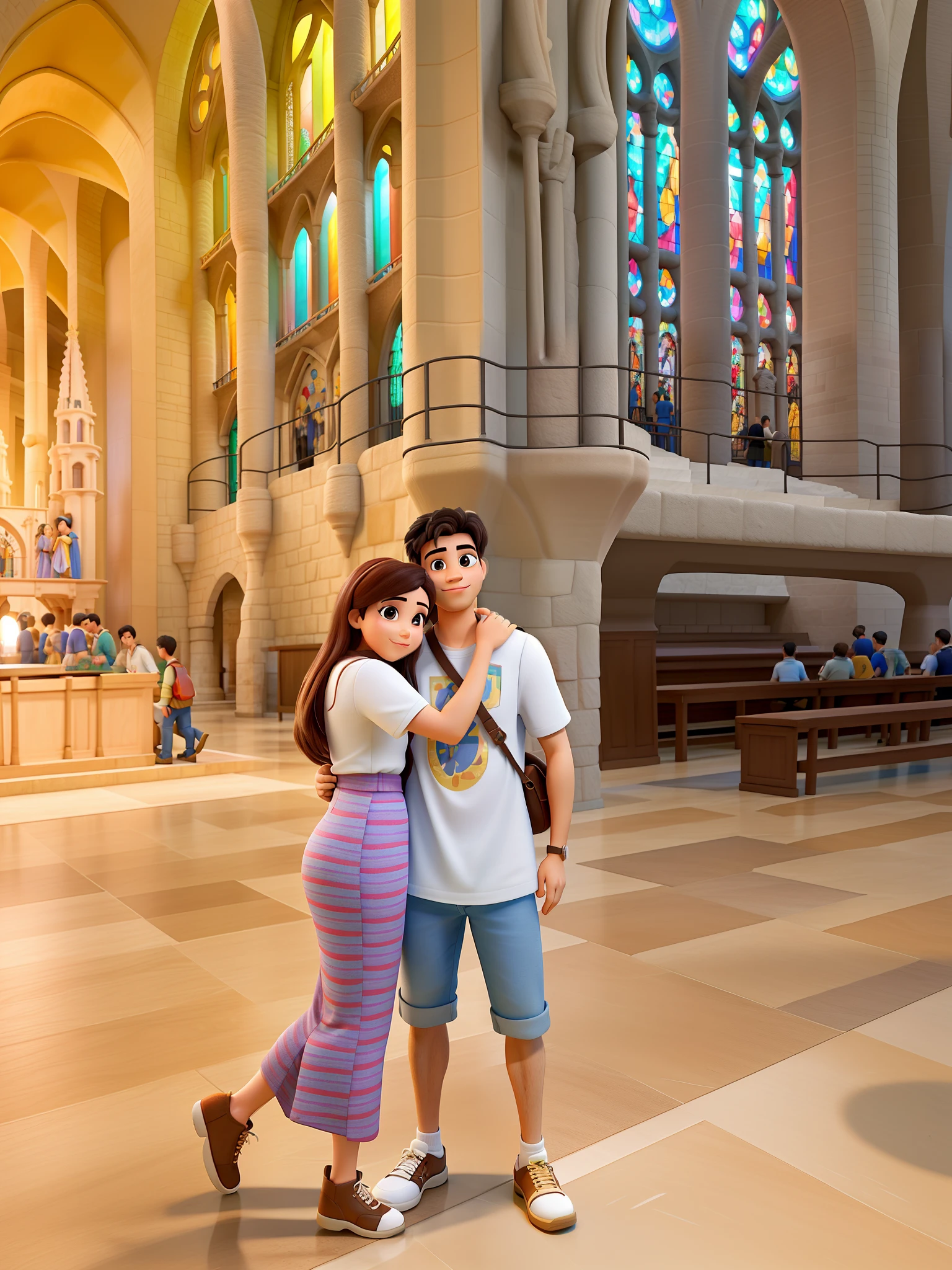 Casal dentro da igreja sagrada familia em barcelona, no estilo Disney Pixar, alta qualidade, melhor qualidade.