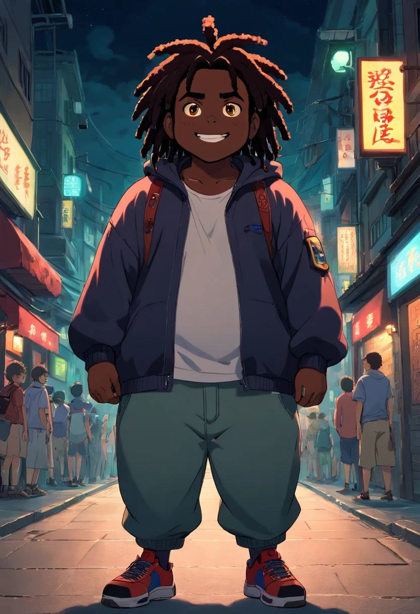 chubby dark skinned black man, moor, with  black  dreadlocks. wearing streetwear, standing in street at night, glowing eyes, evil grin