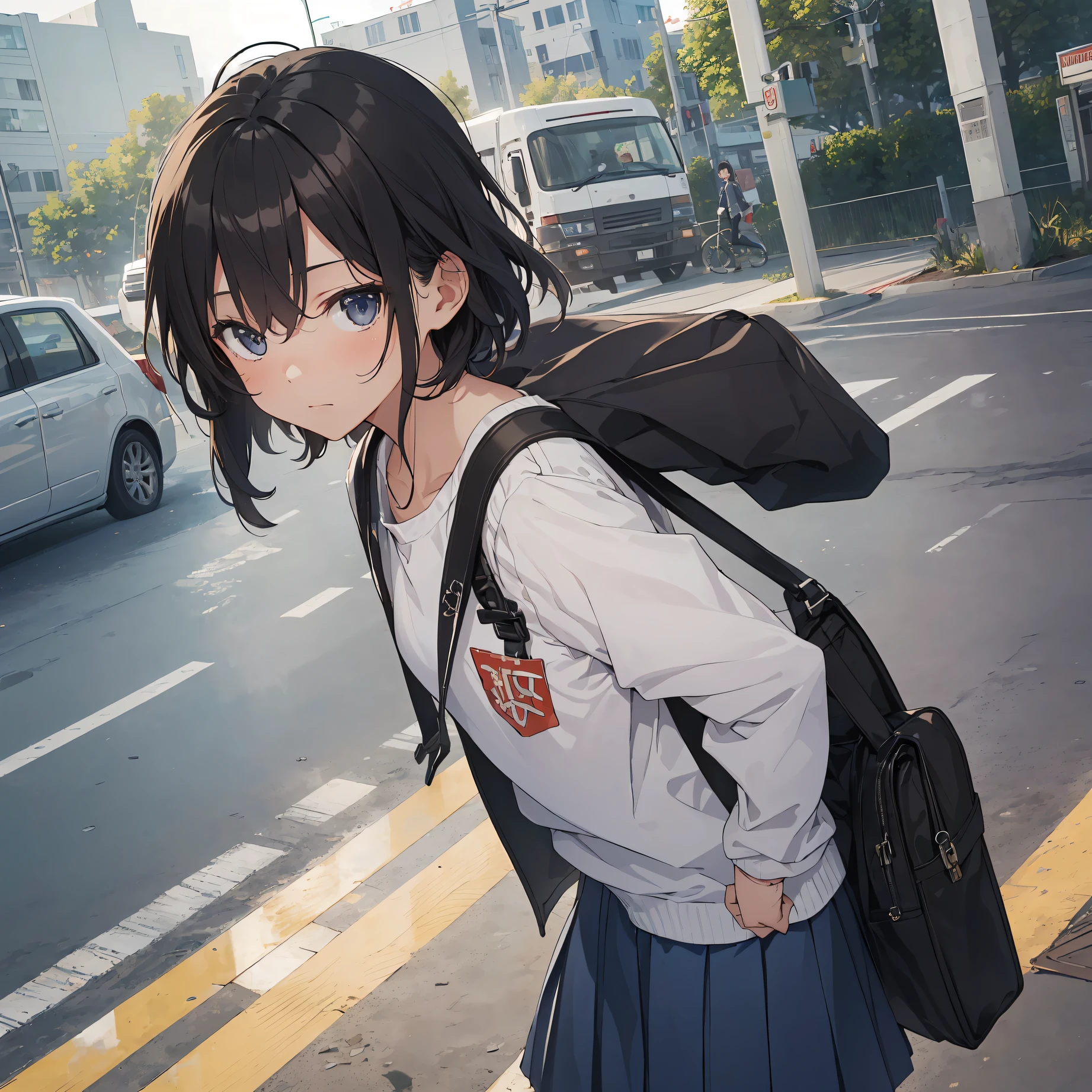 Portrait, Documentary, Photo, A girl is 13-year-old gender-neutral middle school student with short black hair and small chest, walking on the school commute route with a tired expression, Short hair, School uniform, skirt, School commute route, High quality, Realistic, Eye-level shot, Medium shot, Front view, Natural lighting, School commute,break,1girl, (Solo,Loli face,13-year-old:1.5),a junior high school student, androgynous charm, (Very Short hair), flat chest, Small butt, Beautiful detailed black eyes, disgusted eye,break,((top quality,anime style, ultra-detailed,high resolution,extremely detailed CG,unity 8k wallpaper,by famous artist,perfect ,super detailed skin,cinematic lighting)),