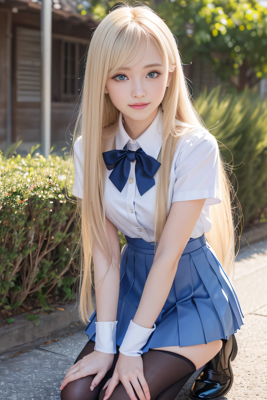 Beautiful 15 year old shy blonde girl in sailor uniform with mini skirt, beautiful green eyes, big tits, long blonde hair, at school, long thick bangs, ultra detailed hair, messy hair, the most beautiful face in the world, hair golden, flirting, looking at viewer, very cute, sexy, schoolgirl, French, bare shoulders, closed mouth.