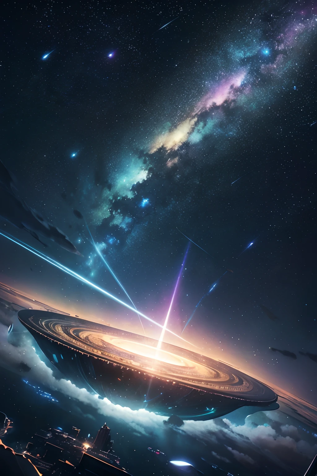 masterpiece、Background with((Fantastic starry sky、kosmos、Meteor swarm、black hole、Irridescent color))depth((A planet that emits green light))、Seen from below