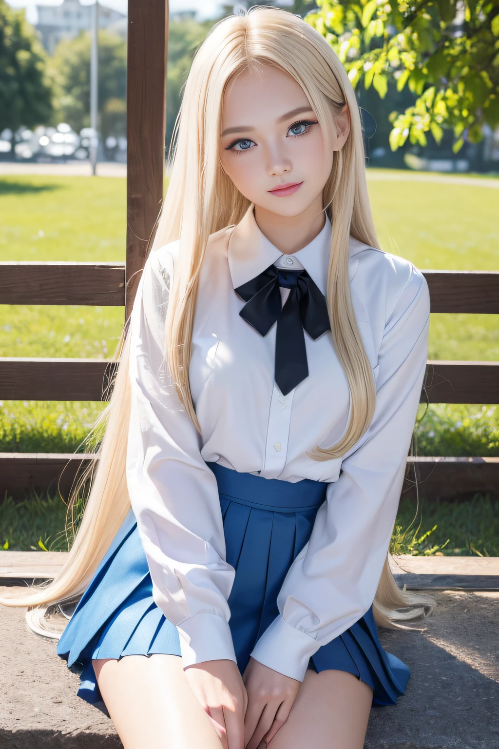 (8K、Raw photography、top-quality、masterpiece:1.2)、(realisitic、Photorealsitic:1.37)、ultra-detailliert、超A high resolution、女の子1人、(beautifull detailed face、Golden Ratio Face、well-balanced eyes、二重まぶた,lipgloss)、Beautiful detailed skin、Skin Texture、Professional Lighting、(Very beautiful 13 year old girl)、Happy smile、View photographer、Glowing white shiny skin、(Attractive bright natural platinum blonde super long straight silky hair)、eye liner、Lush bust,(School Uniforms、blouse、Leather Pleated Skirt)、(sockes、Loafer shoes)、(((Blue eyes)))
