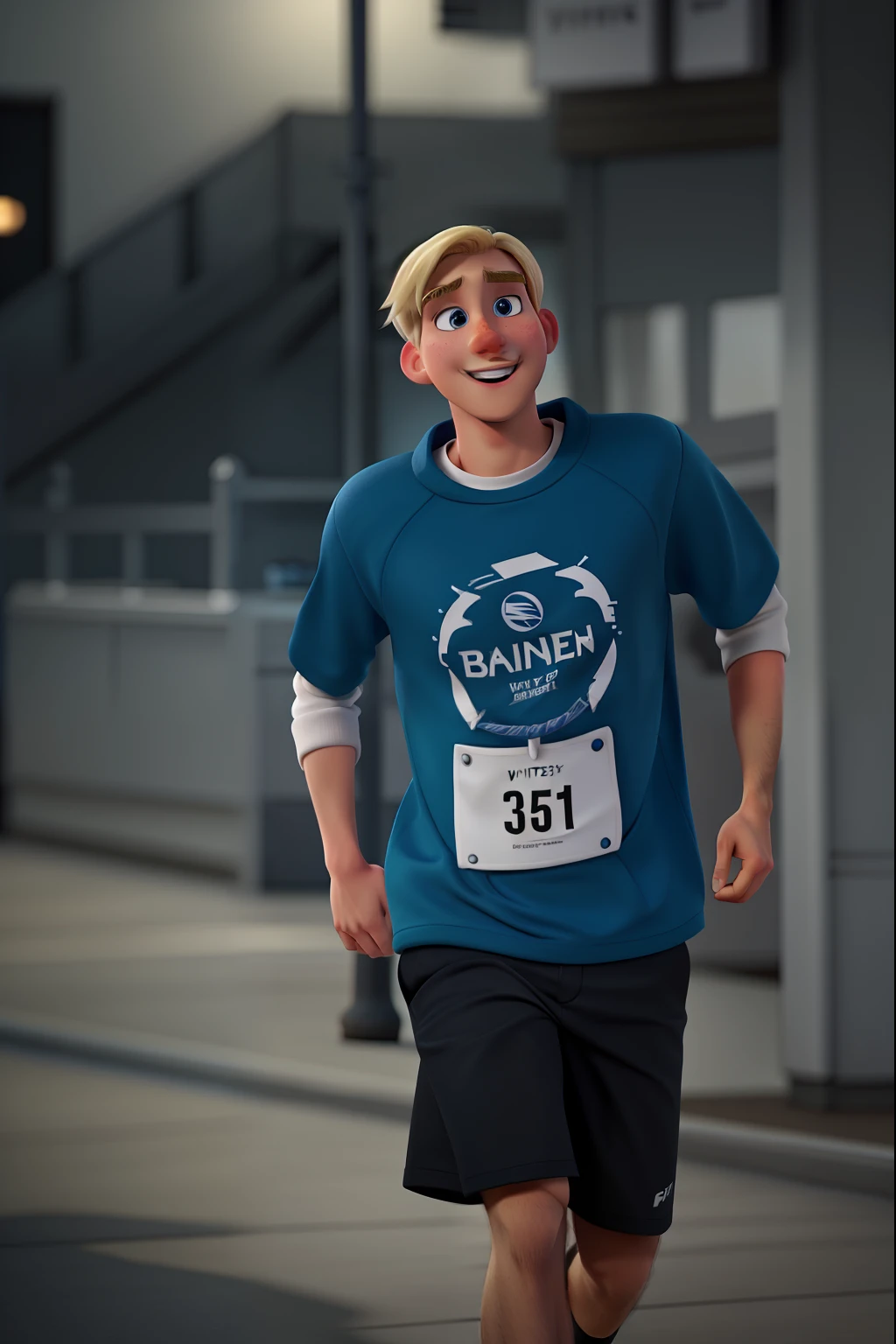 White and blonde guy running in pixar style