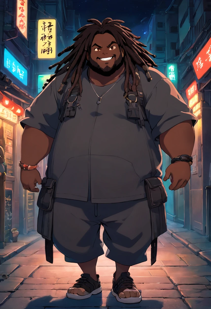 chubby dark skinned black man, moor, with black dreadlocks. wearing techwear, standing in street at night, glowing eyes, evil grin