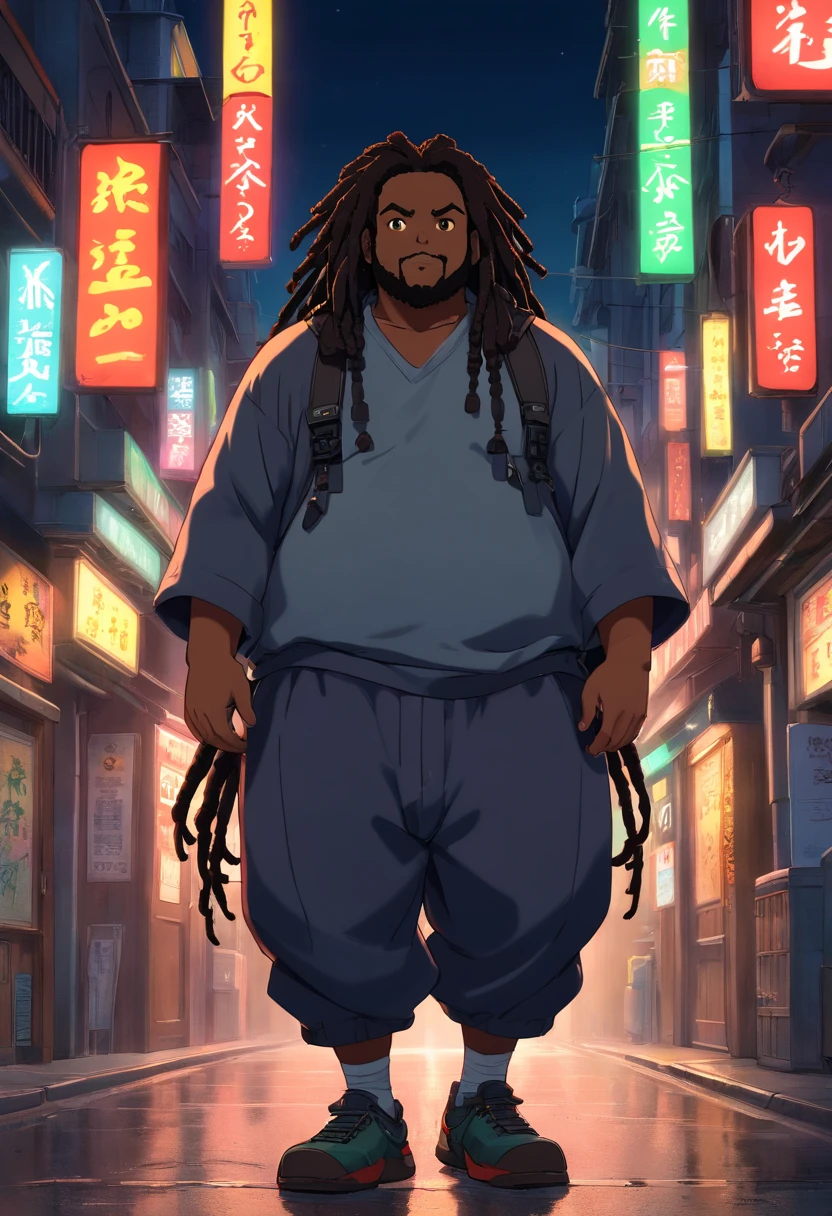 chubby dark skinned black man, moor, with black dreadlocks. wearing techwear, standing in street at night, glowing eyes, evil grin